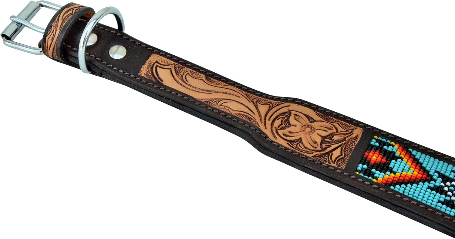 Affilare Beaded Leather Dog Collar – Western Style, Heavy-Duty, Adjustable, and Padded for All Ages – Premium Tooled Leather SKU 10AB004-XS