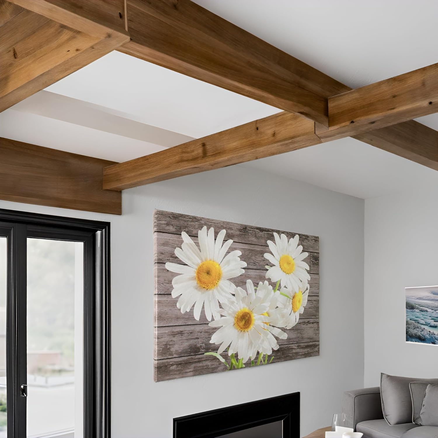 TAOMI Daisy Wall Art White Flower Print Bedroom Yellow Floral Greyscale Poster Wooden Grain Picture for Living Room Office Home Bathroom Décor Frame 16x24inch