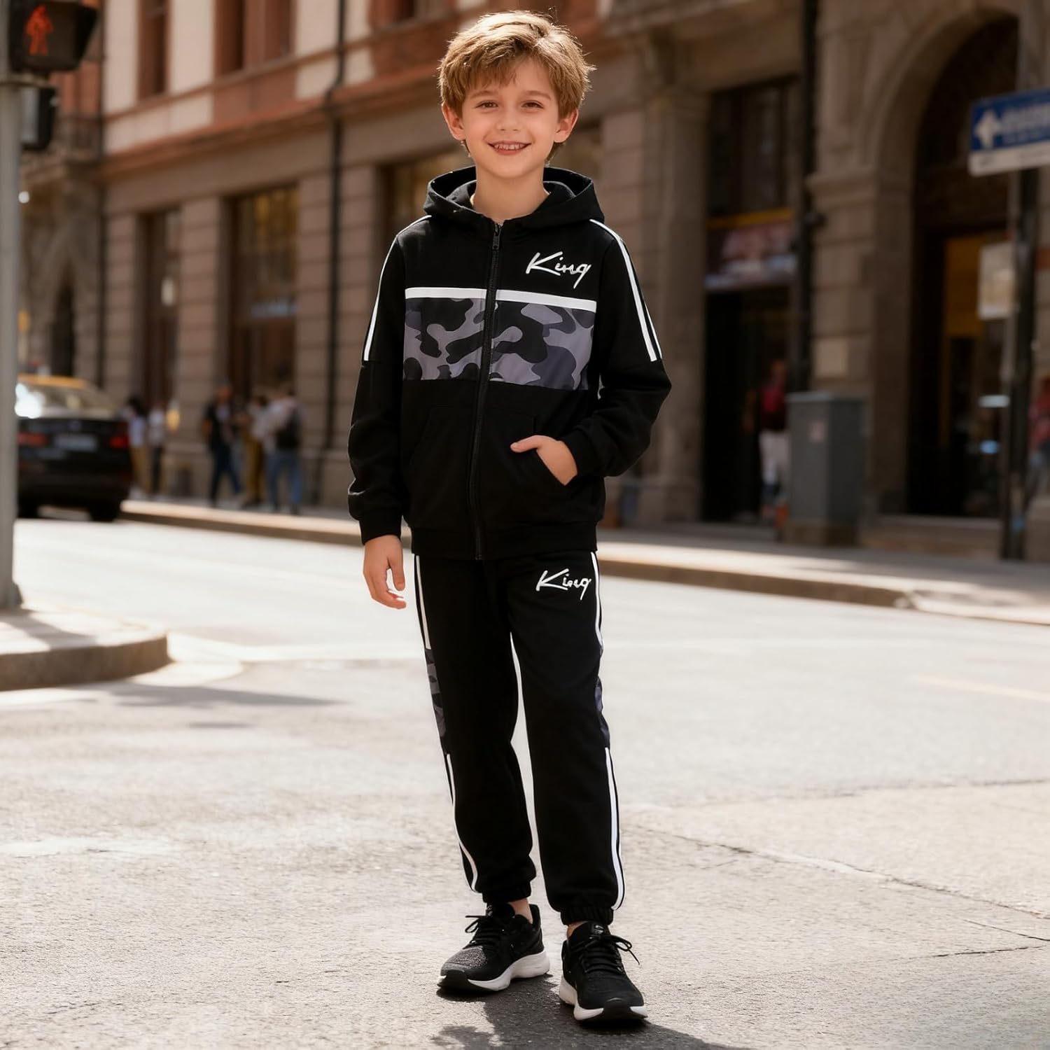 Boys Clothes Camo Color Block Zip Up Hoodie Sweatshirts & Pants 2PCS Kids Boys Fall Winter Outfits Set Size 6-12Y - Image 2