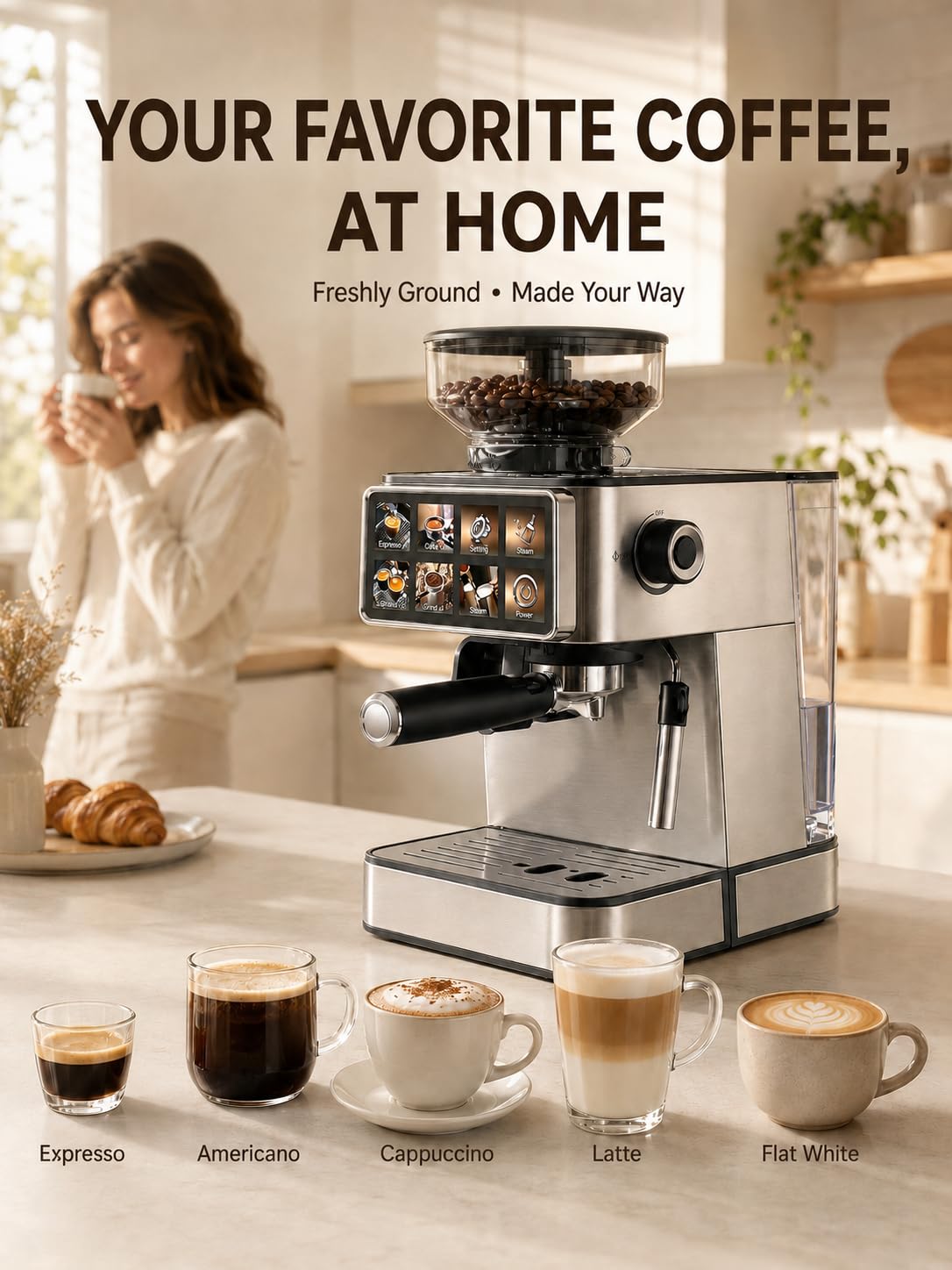 Cafetera semiautomática con Molinillo y vaporizador | El café recién molido cae directamente en el portafiltro para preparar espresso, Americano y bebidas con leche en casa