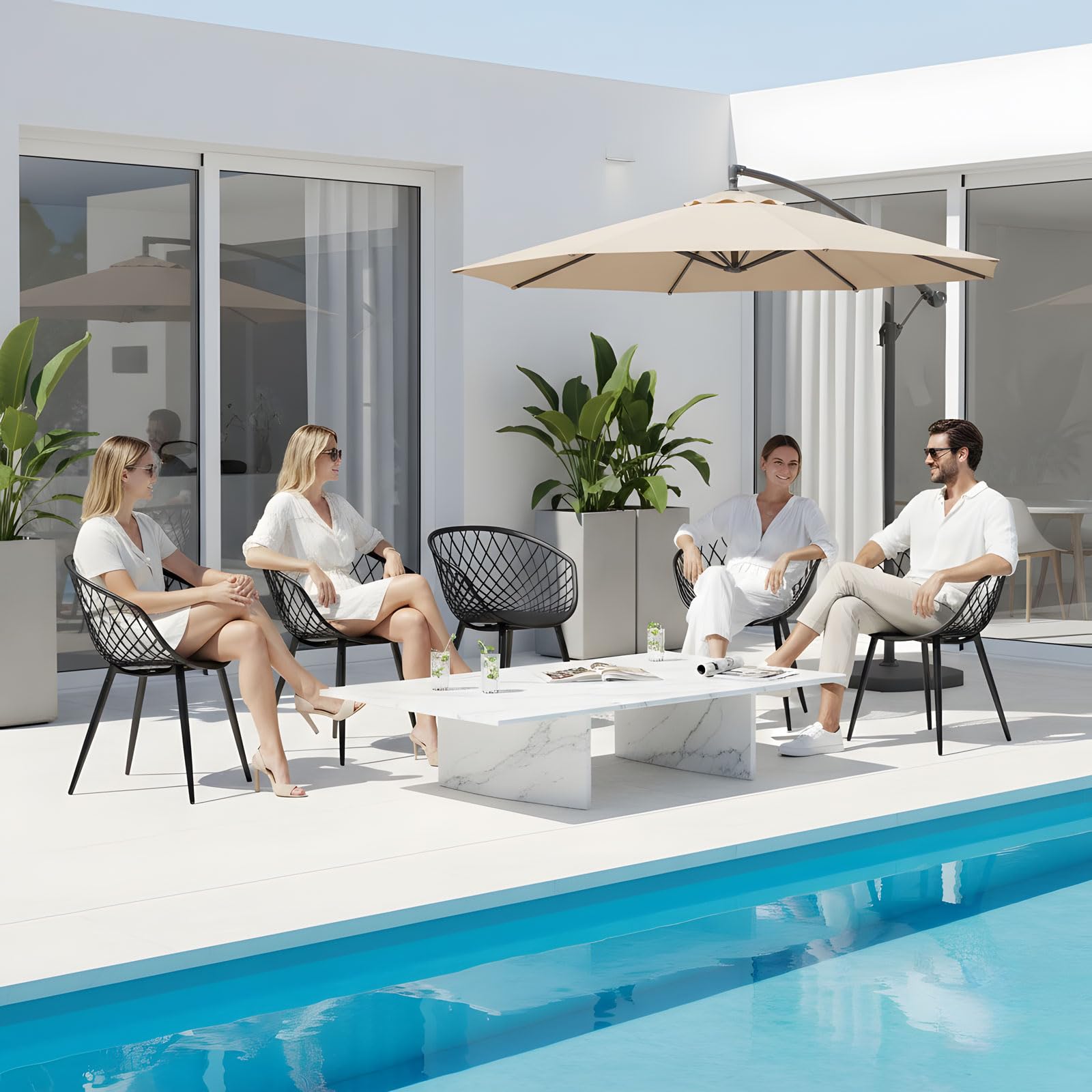 Juego de 6 sillas de comedor – Sillones de exterior resistentes a la intemperie, color negro de plástico con reposabrazos, muebles de jardín balcón y muebles de terraza para interior y