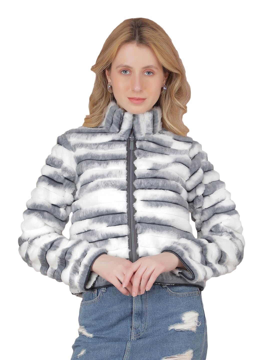 crimsoune club Women's Blue Horizontal Stripes Crop Length Fur Jacket-picture-37