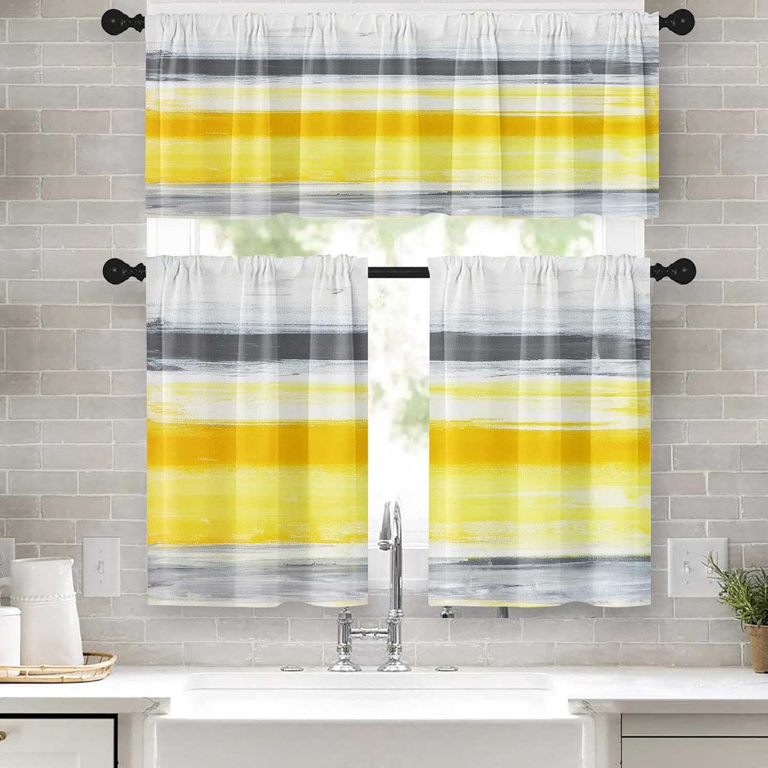 Amazon.com: Tayney Yellow Grey White Kitchen Curtains Stripes Window ...