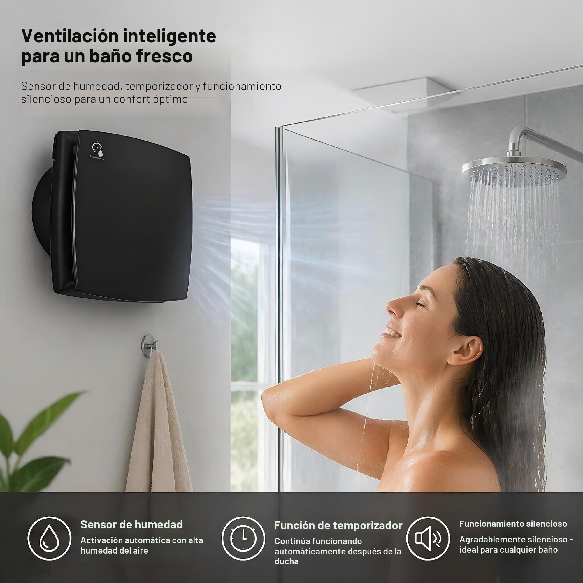 Ventilador de baño negro con sensor de humedad de 150 mm, ventilador extractor de aire con válvula antirretorno, anillo de montaje de ventanas para cocina, inodoro, baño