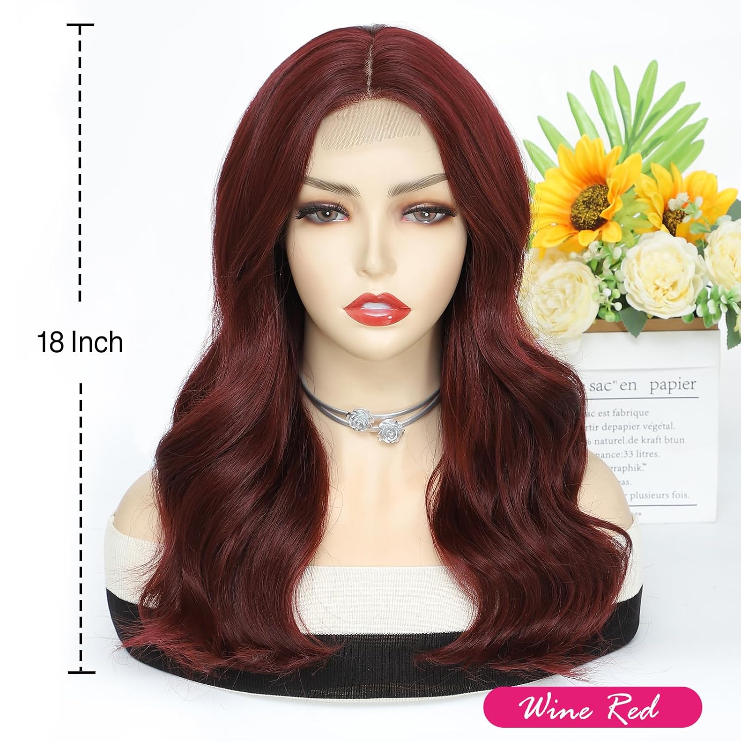 18 Inch Wine Red Wig for Women, Middle Part Medium Length Wavy Synthetic Hair Wig, Upgraded Strands Natural Hairline Design for Daily Party Halloween(Wine Red,18 Inch) - Image 2
