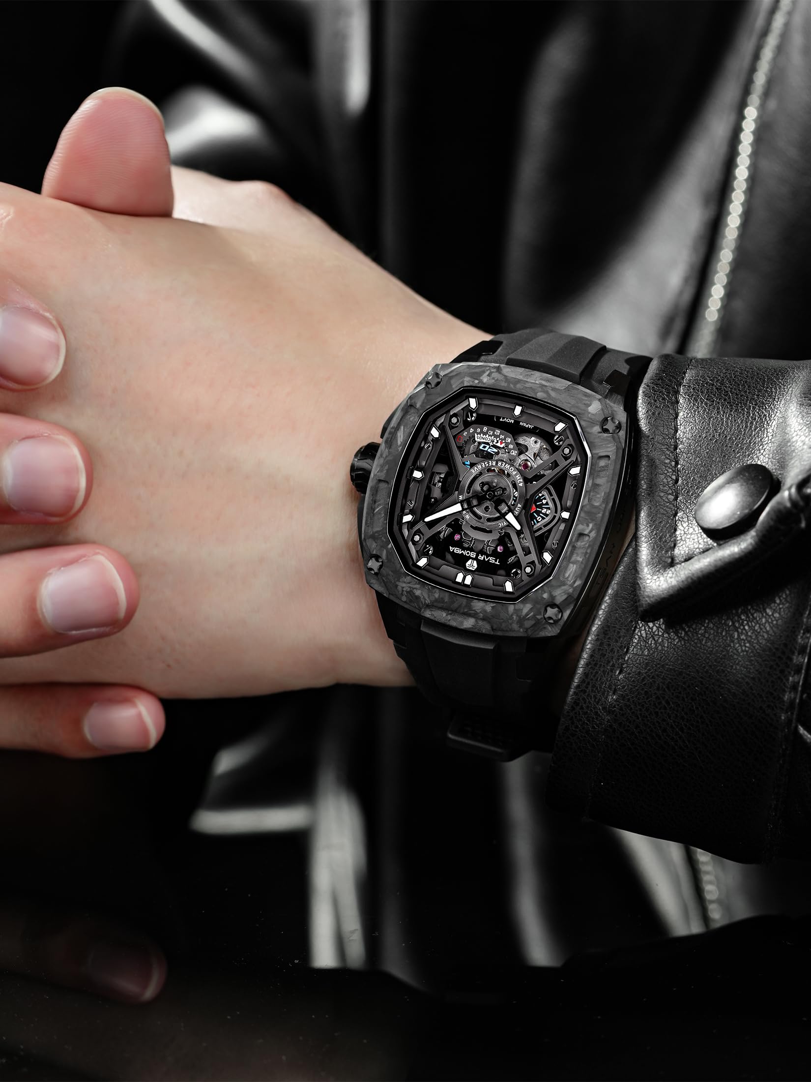 TSAR BOMBA Automatik-Herrenuhr Uhren Herren Saphirglas Karbon-Gehäuse | Japanisches Uhrwerk,sportlich-elegant für Business & Freizeit,bequemes Kautschukband,luxuriöses Design Schwarz