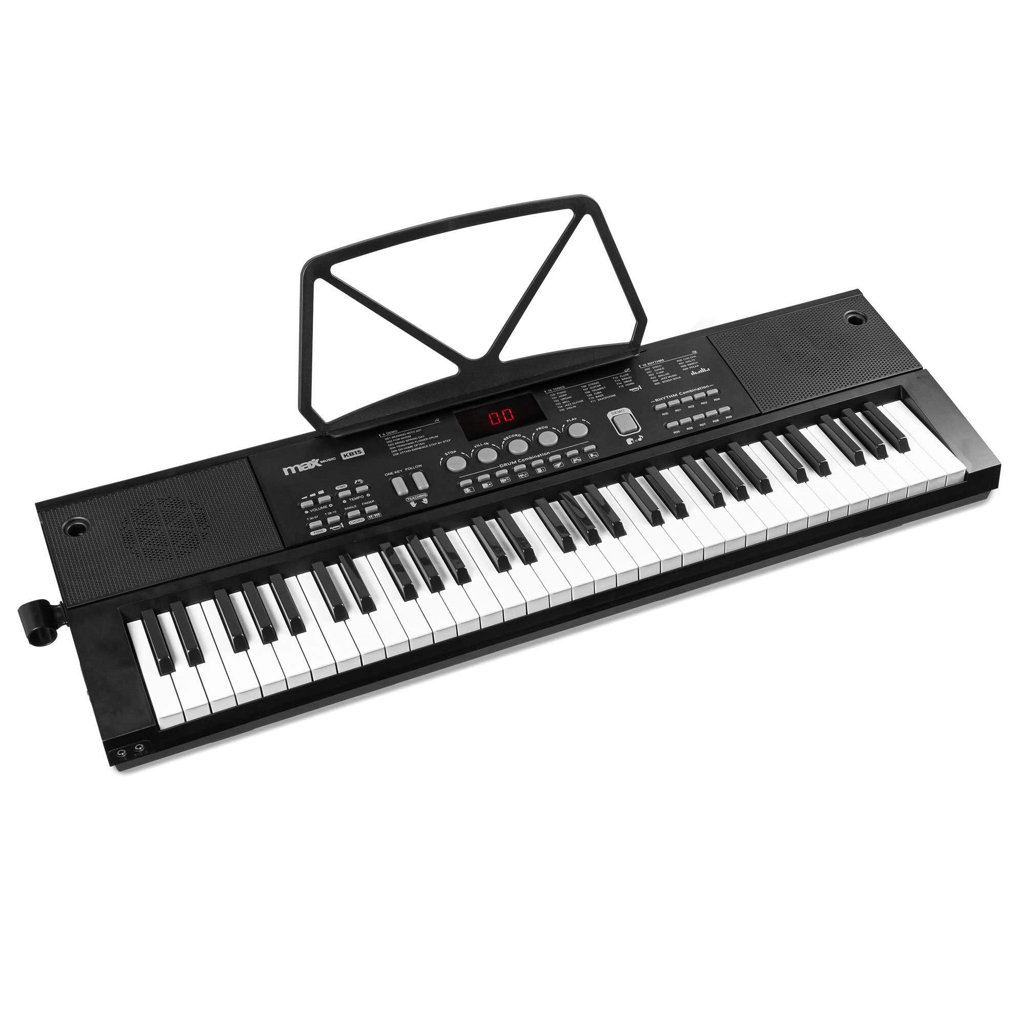 MAX KB15 - Pack de teclado eléctrico de 61 teclas para principiantes que incluye un soporte, auriculares, micrófono, banqueta y batería recargable. Ideal para todas las edades para aprender a tocar.