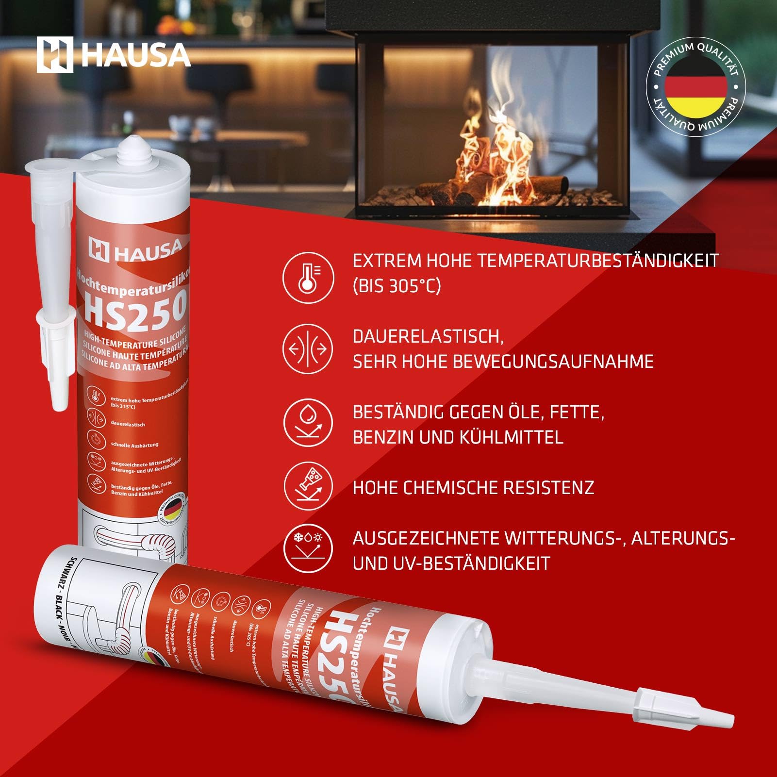 Hausa HS250 Profi Hochtemperatur Silikon schwarz 24 x 300ml Kartuschen Dichtmasse +305°C Dichtstoff zum Kleben Abdichten von Öfen Kochfeldern Motoren dauerelastisch Öl-, Benzin- & Hitzebeständig