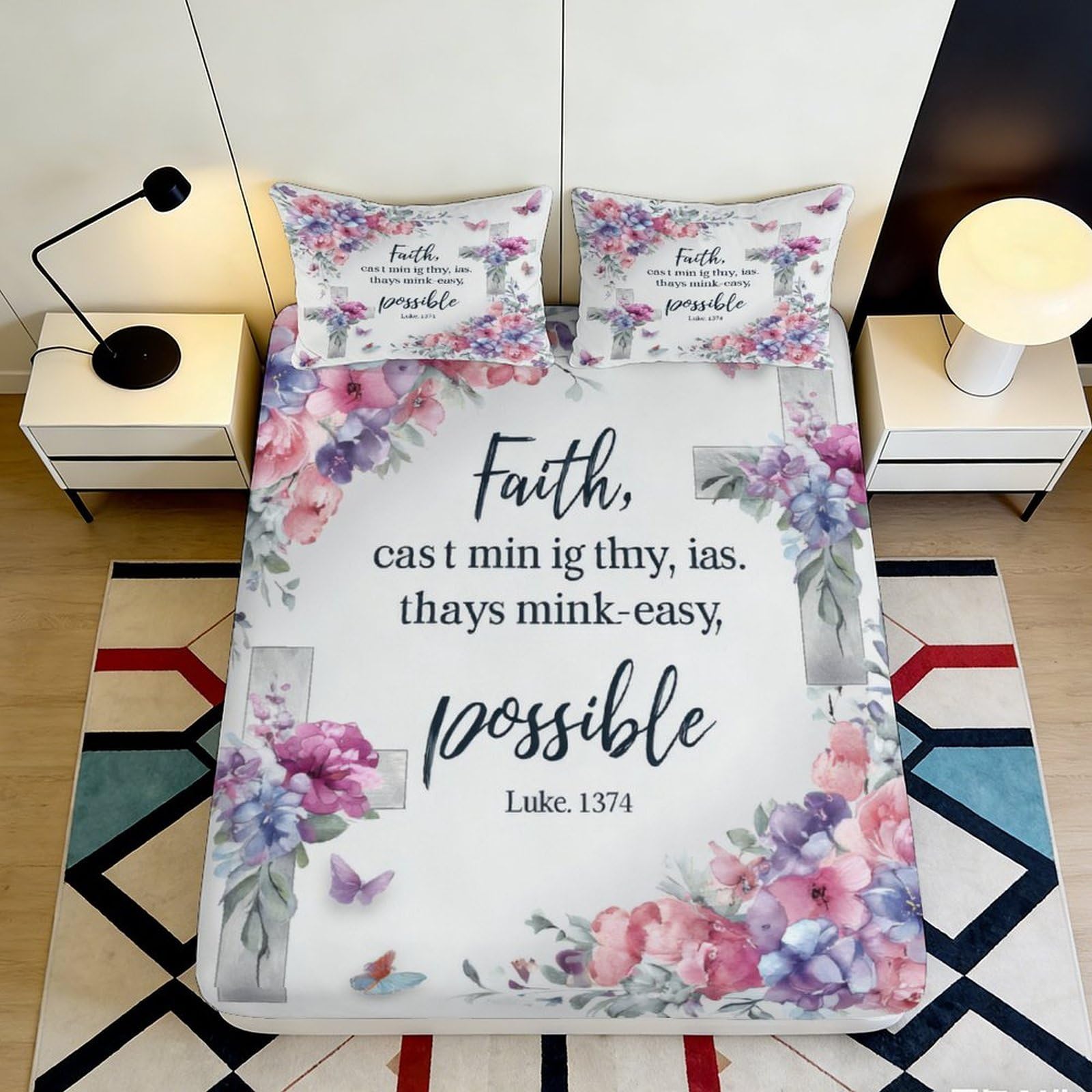 3D Printed Floral Scripture Fitted Sheet Microfiber Soft Breathable Christian Quote Bed Cover for Bedroom Guest Room Decor 90x200x25cm