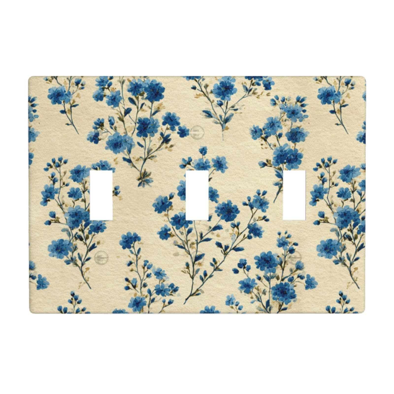 Vintage Blue Tiny Flowers On Cream Light Switch Covers 3 Gang Triple Toggle Wall Plate Switchplate Electrical Faceplate for Bathroom Kitchen Bedroom Decor