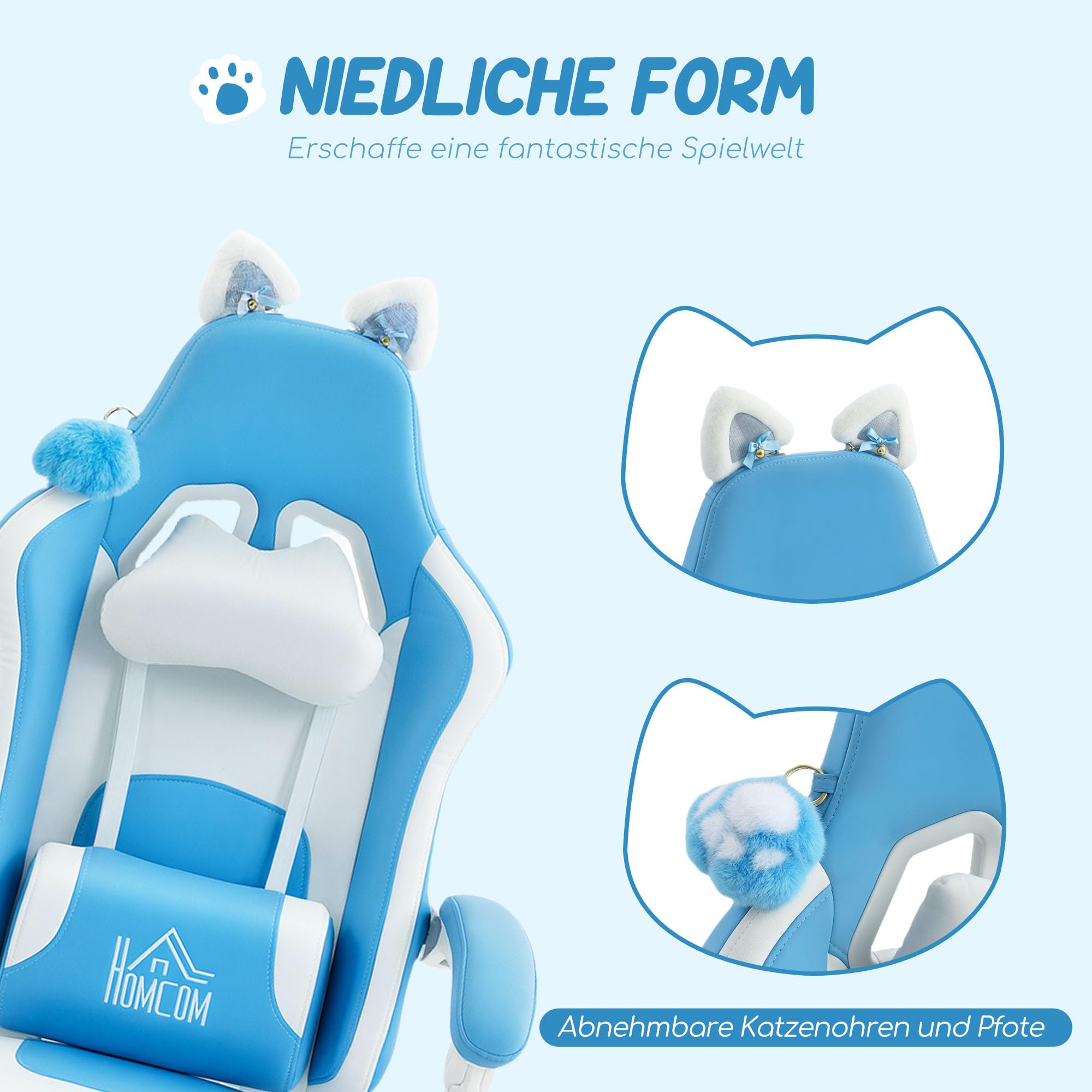 HOMCOM Fotel gamingowy, ergonomiczny fotel dla graczy z podparciem okolic lędźwiowych, podnóżek, fotel gamingowy z kocimi uszami, poduszka pod głowę, regulowana wysokość, krzesło biurowe z funkcją