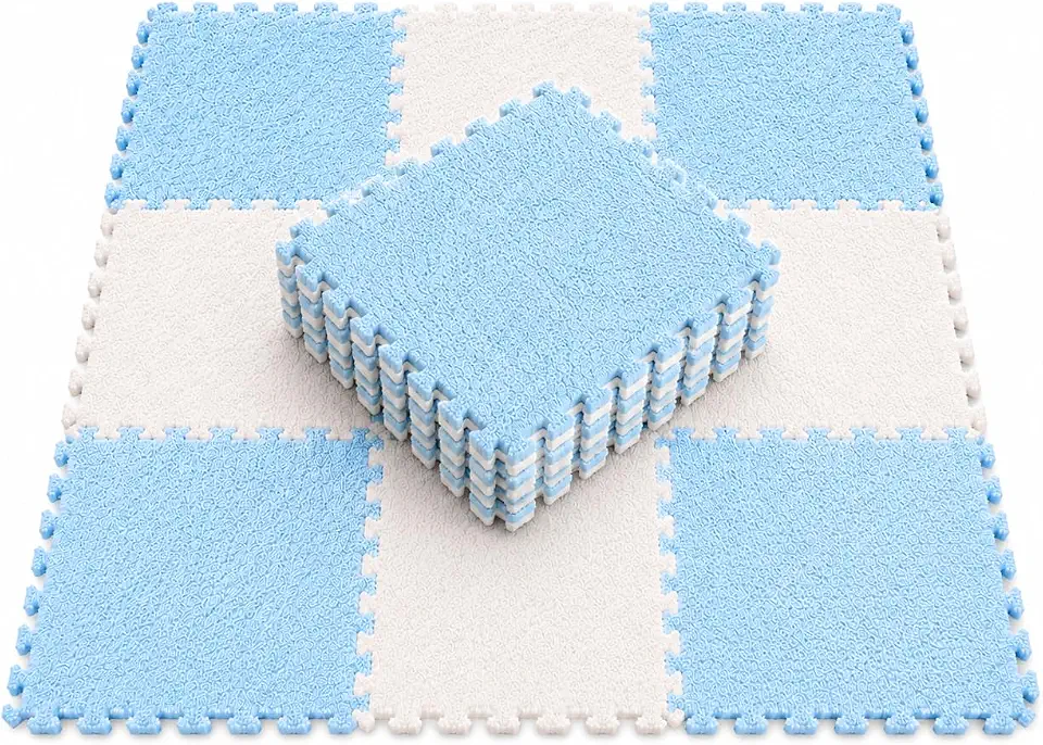 Kit 9 Tapete Tatame EVA de Pelúcia Infantil para Bebê 30x30cm, Azul e Bege, Tatame Antiderrapante Macio, Piso Emborrachado Infantil Encaixável para Quarto e Brinquedoteca