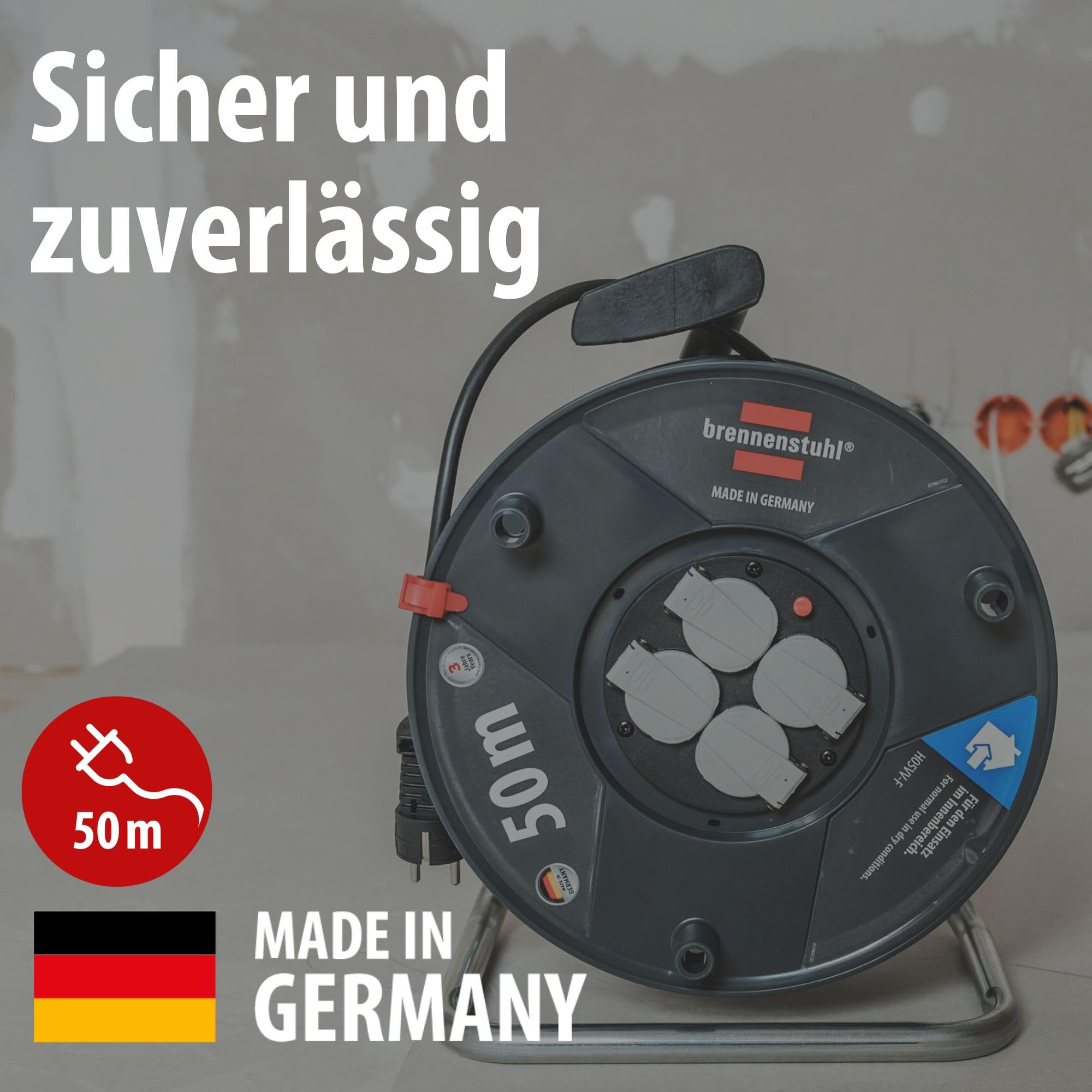 Brennenstuhl Garant V2 Kabeltrommel 50m Kabel (Made in Germany, 4 Schutzkontakt-Steckdosen, Überhitzungsschutz, Trommelkörper aus Spezialkunststoff)