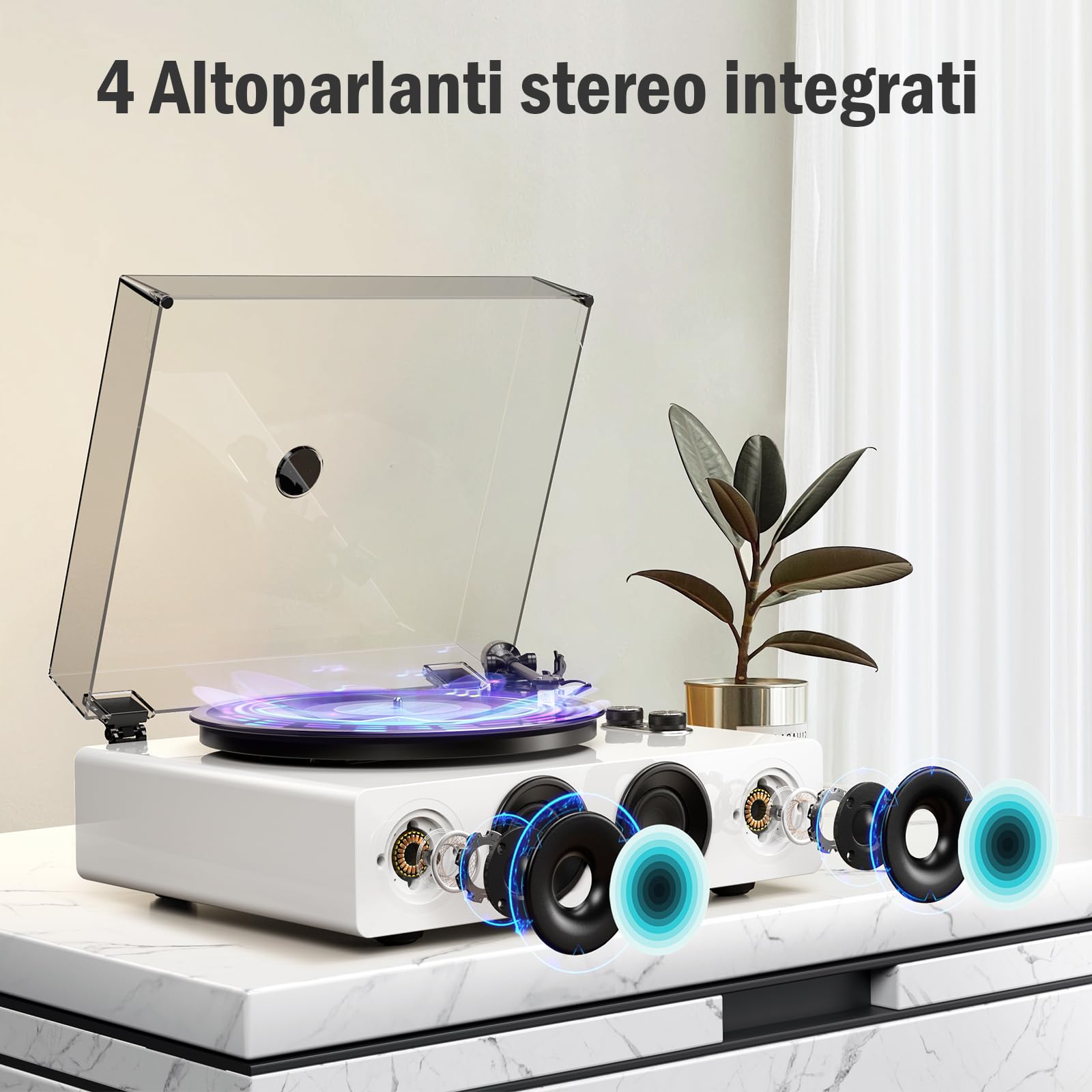 1 BY ONE Giradischi Tutto in Uno con Ingresso Wireless, Trasmissione a Cinghia Hi-Fi, Altoparlanti Integrati, Testina Magnetica AT-3600L, Preamplificatore Integrato, Finitura Bianca Laccata Tipo Piano