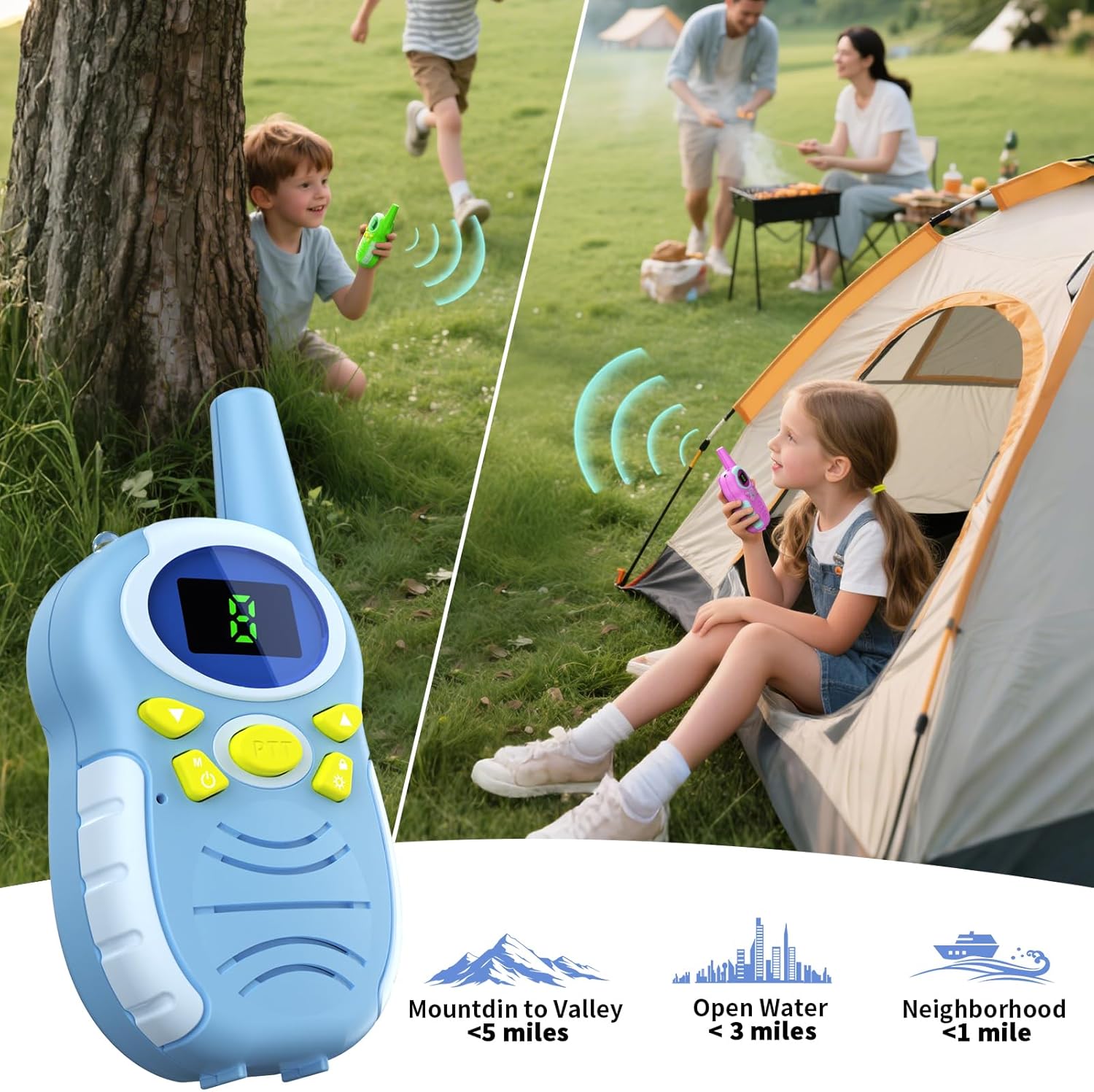 Walkie Talkies for Kids 2 Pack - Boys Girls Christmas Toys Birthday Gifts for Age 4-6 6-8 Year Old Kid Presents - Rechargeable Long Range 2 Way Radio Flashlight Blue Outdoor Toy Camping Hiking