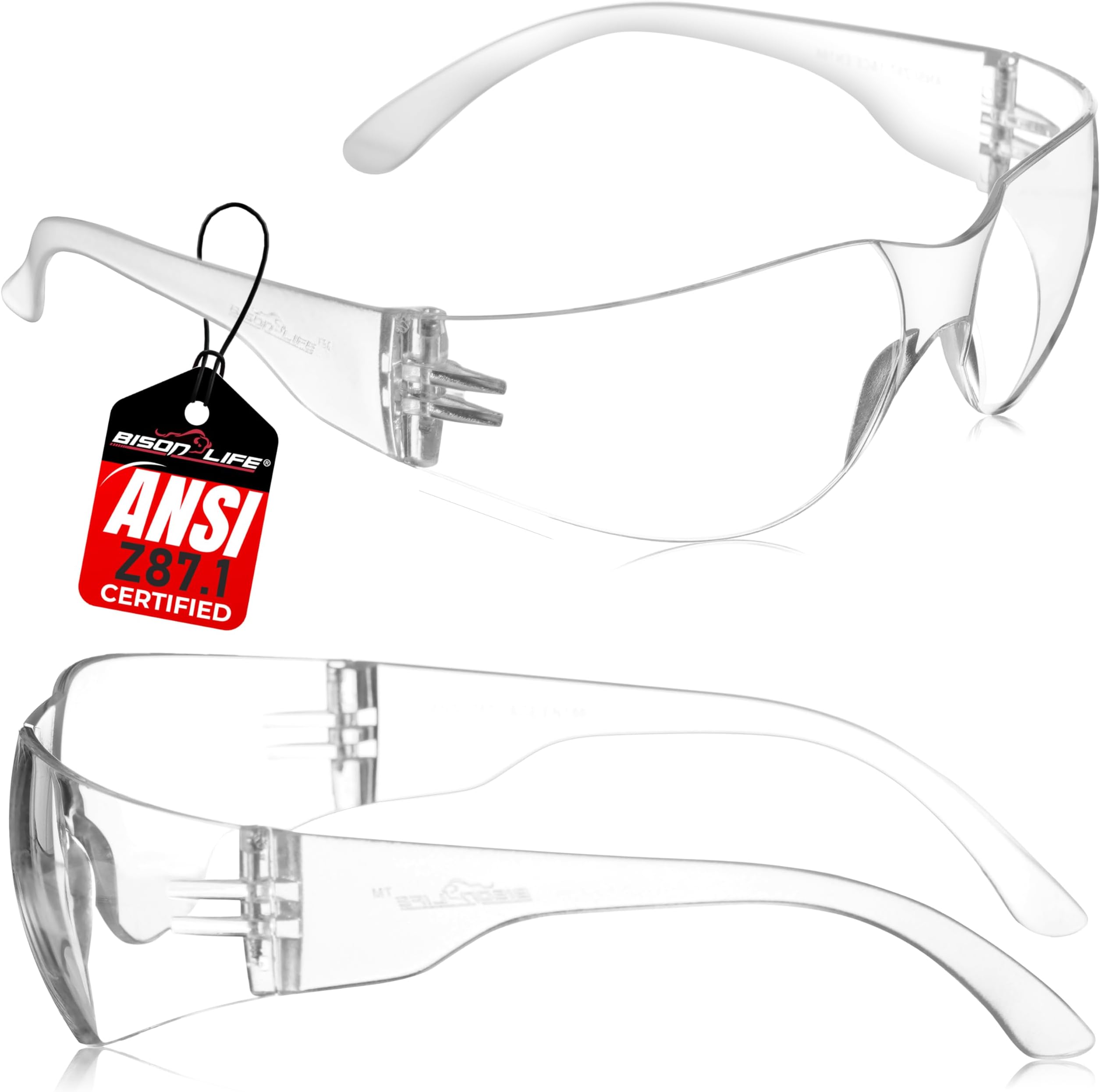 BISON LIFE Clear Safety Glasses – ANSI Z87.1 Certified Scratch & Impact Resistant Eye Protection Goggles for Men & Women