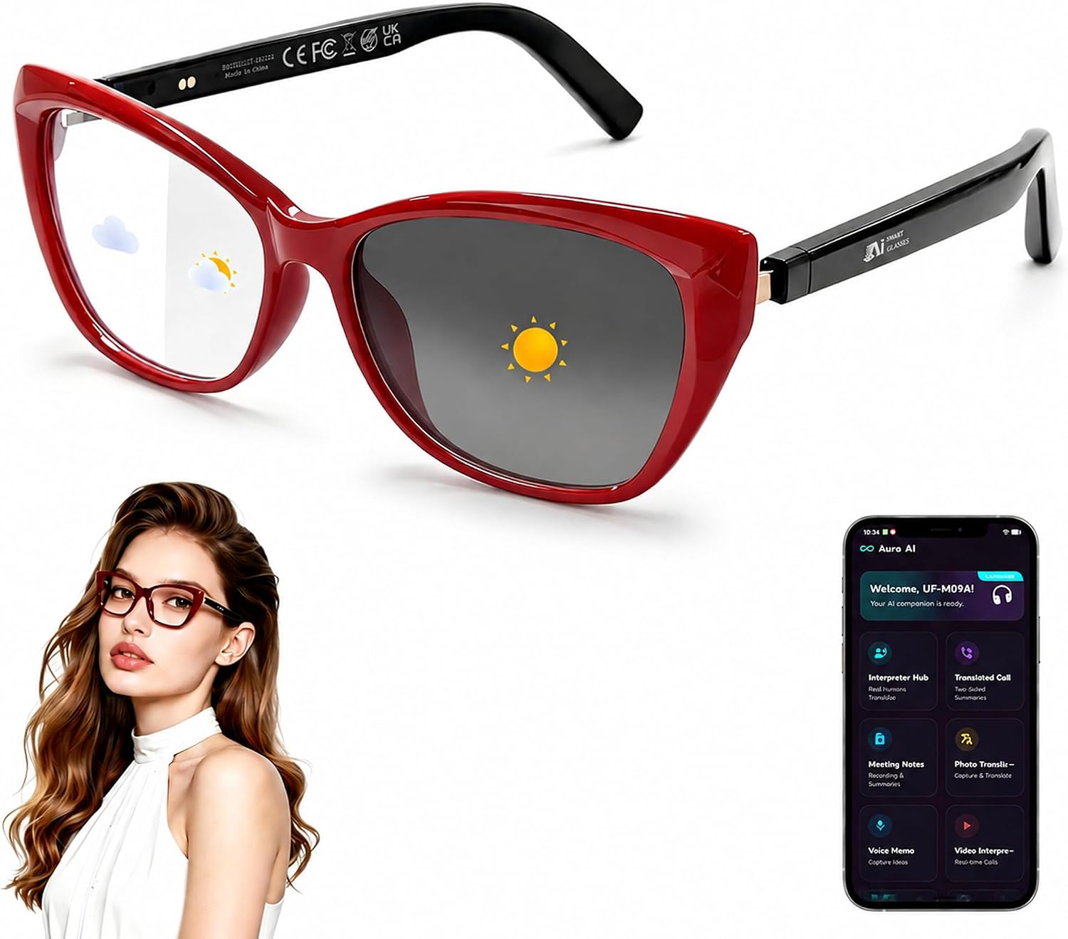 AI Smart Glasses for Women Men, Bluetooth Glasses, Butterfly Frame Red
