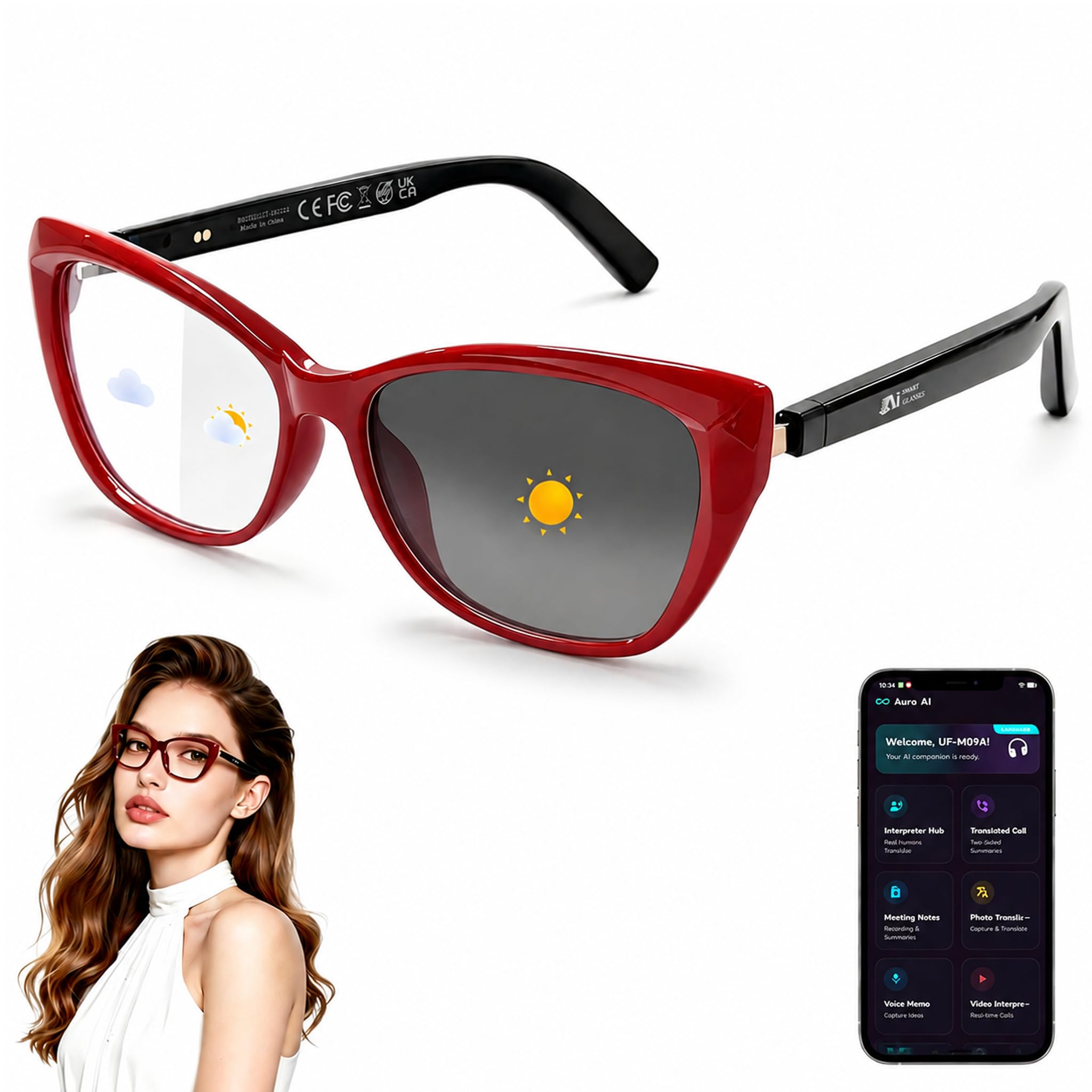 AI Smart Glasses for Women Men, Bluetooth Glasses, Butterfly Frame Red | AI Assistant with Free App, Photo Translation, Open-Ear Audio, Lightweight，Photochromic Lenses for Shopping Travel Daily Wear