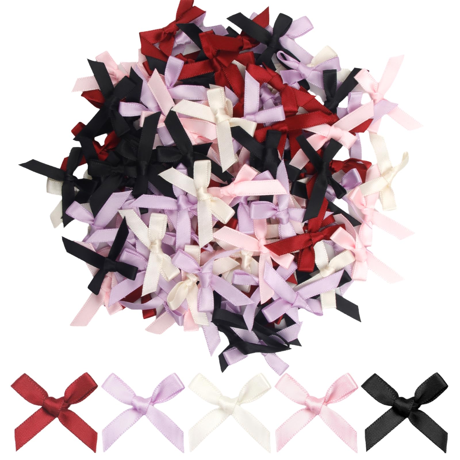 Pretwad 100 Pcs Mini Ribbon Craft Bows, Small Multicolor DIY Craft Tiny Bows for Presents Satin Decoration Bowknot for Gift Wrapping Hair Clip Flower Bouquet Wedding Birthday Sewing Scrapbooking