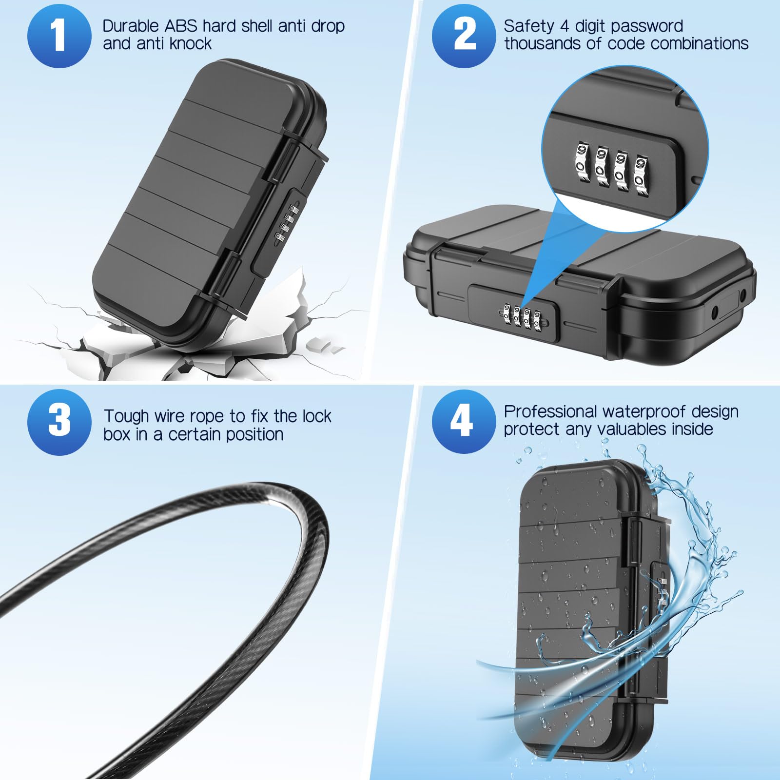 2 Pack Travel Safe Lock Box Portable Safe Lock Box with Combination Mini Beach Waterproof Lockable Box with Removable Wire Rope Combination Box For Family and Outdoor Activities