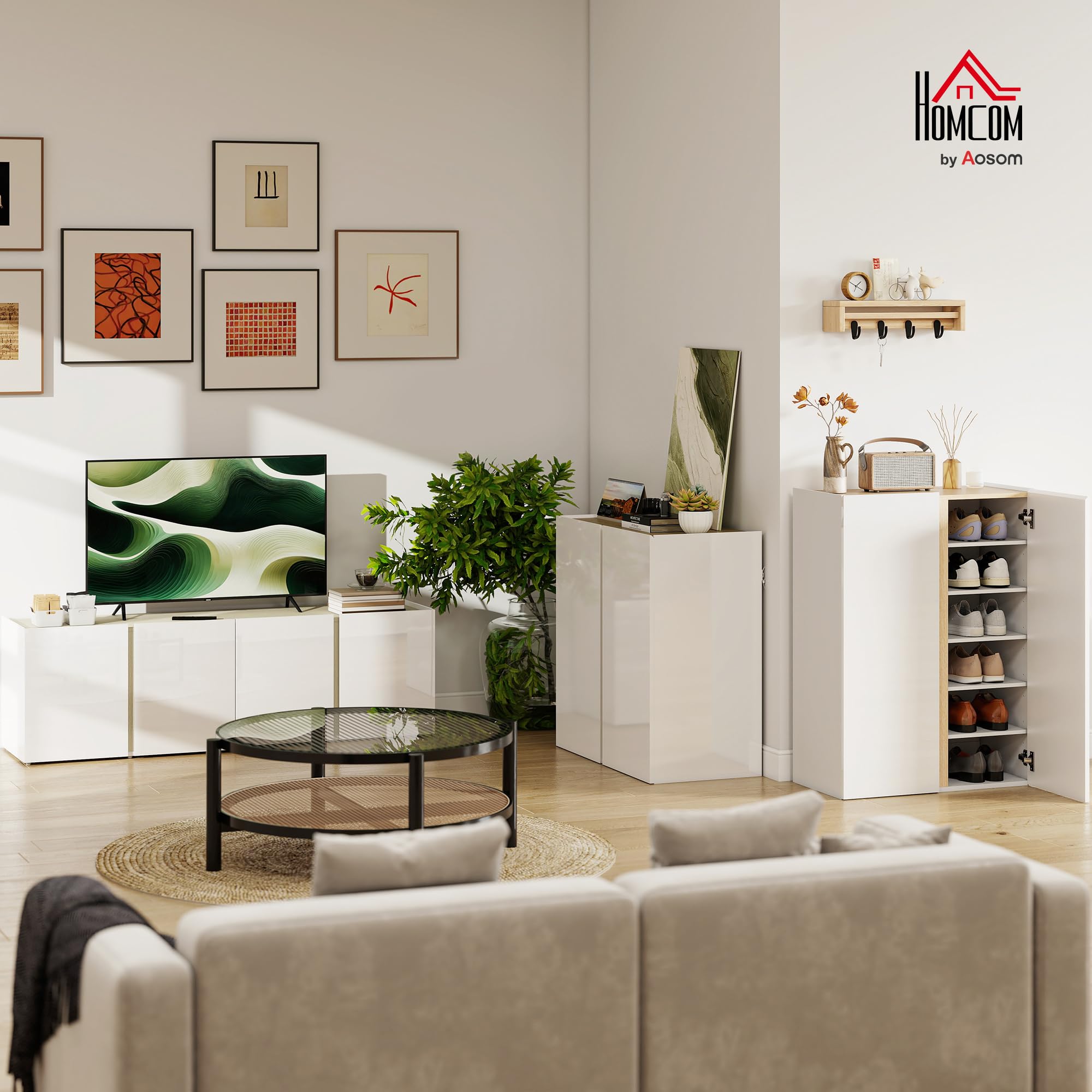 HOMCOM Sideboard Küchenschrank für Küche 80 x 40 x 80 cm Hochglanzweiß | 2 Soft-Close-Türen, Verstellbarer Einlegeboden, Moderner Aufbewahrungsschrank, Wohnzimmer