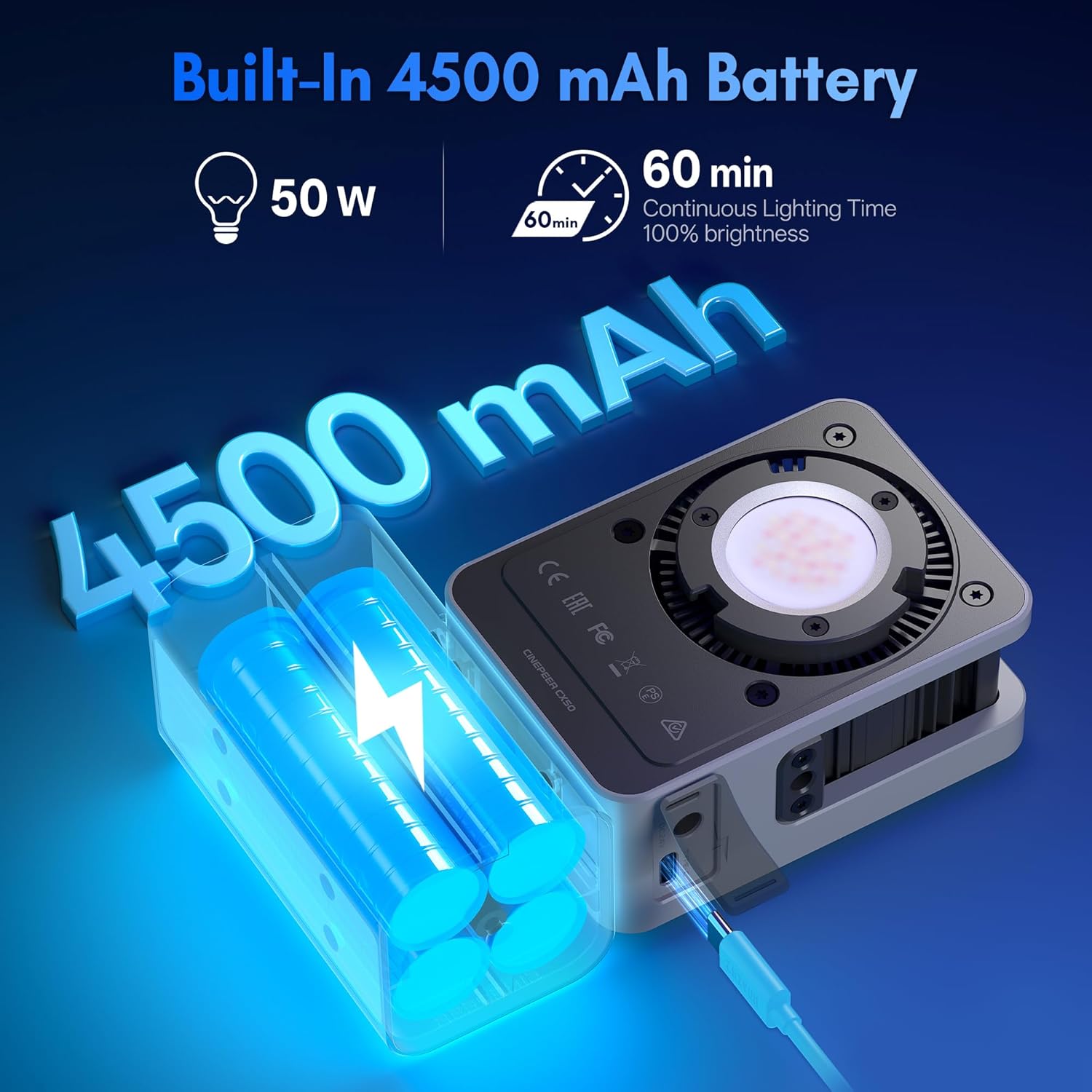 ZHIYUN CX50 50W LED Video Light with Built-in 4500mAh Battery, Bi-Color 2700K-6500K COB Portable Continuous Output Lighting for Filmmaking/Live Streaming/Videography/Studio Photography