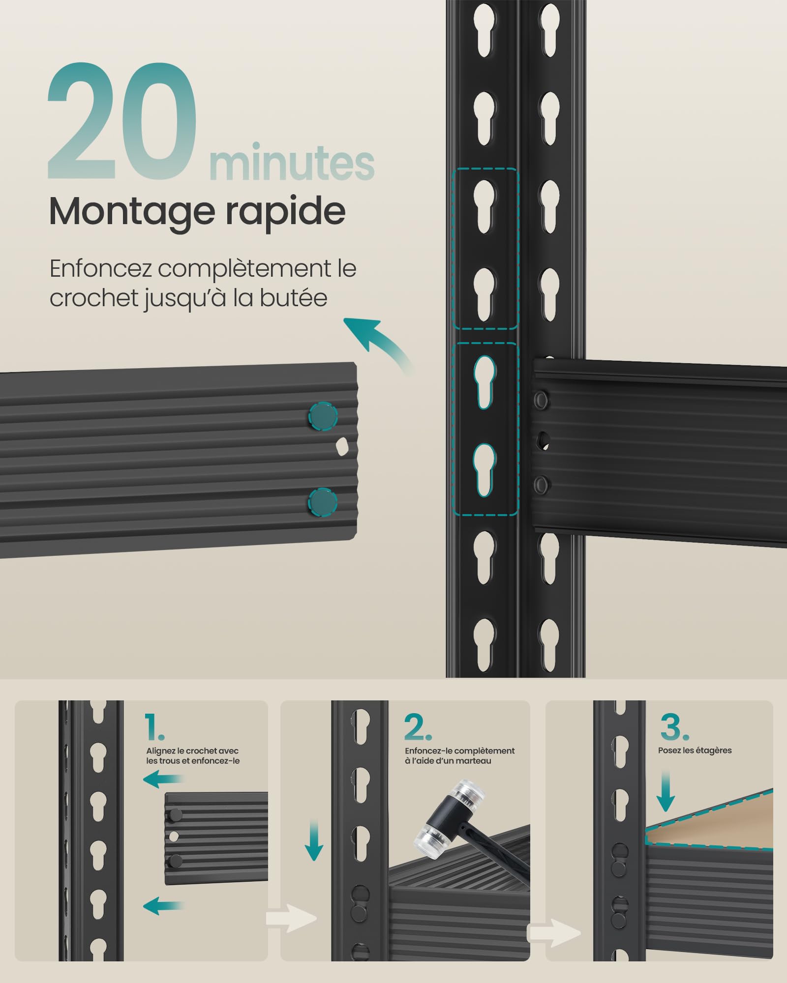 SONGMICS Étagère de Rangement Charge Lourde, Étagère de Garage, 4 Niveaux, Charge Jusqu’à 2000 kg, pour Cave, Garage, Entrepôt, Noir d'encre, 60 x 200 x 183 cm, GLR728BZ01