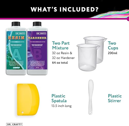 Vista 2 de DR. CRAFTY - Kit de resina epoxi artística transparente de 2 partes, de 64 onzas, con tazas medidoras, espátula de plástico y palillos de plástico