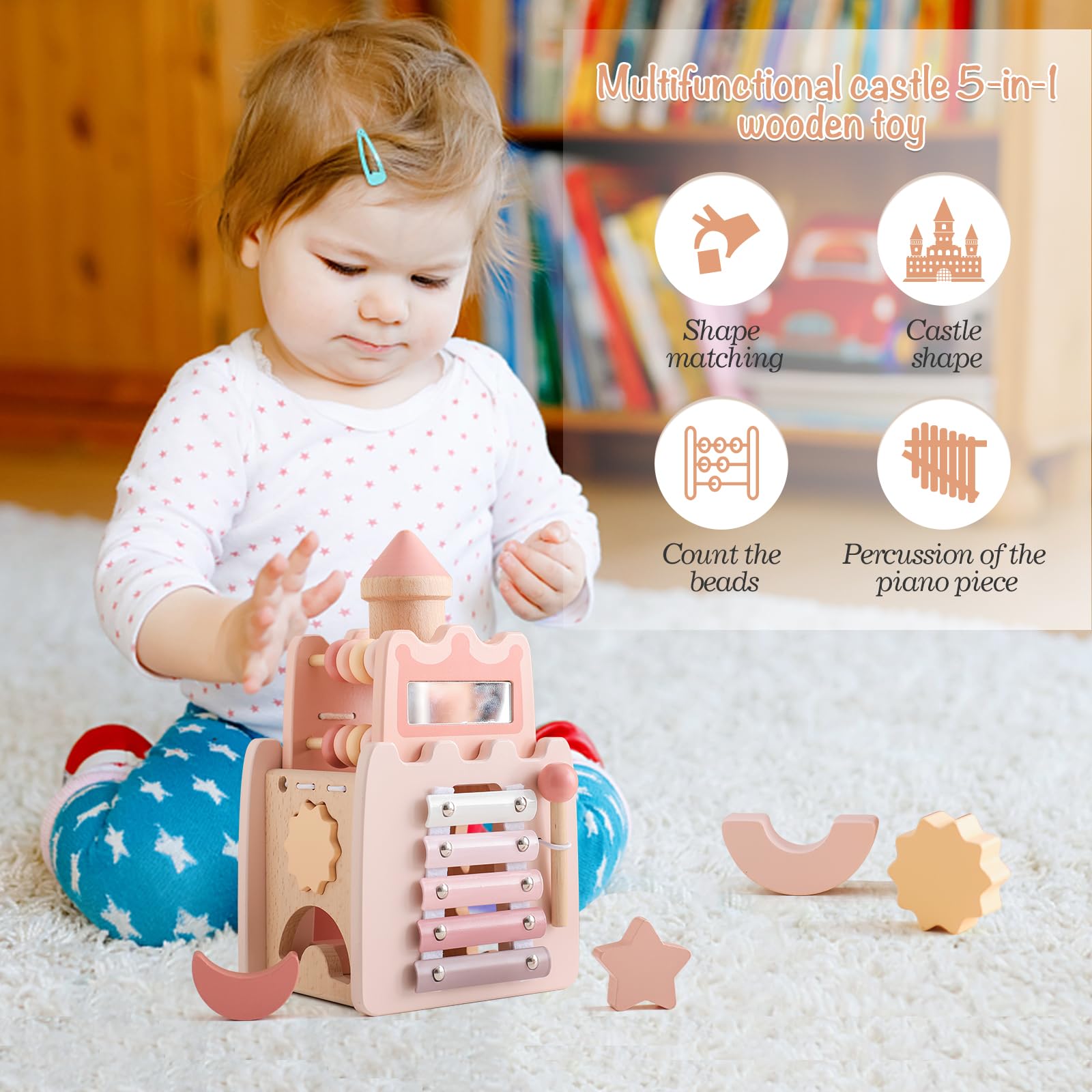 Montessori Spielzeug Baby Holzspielzeug,5 in 1 Rosa Schloss Lernspielzeug Motorikwürfel Sensorik Motorikspielzeug Activity Würfel Motorikschleife Geschenk Baby Mädchen Aktivitätswürfel 3+