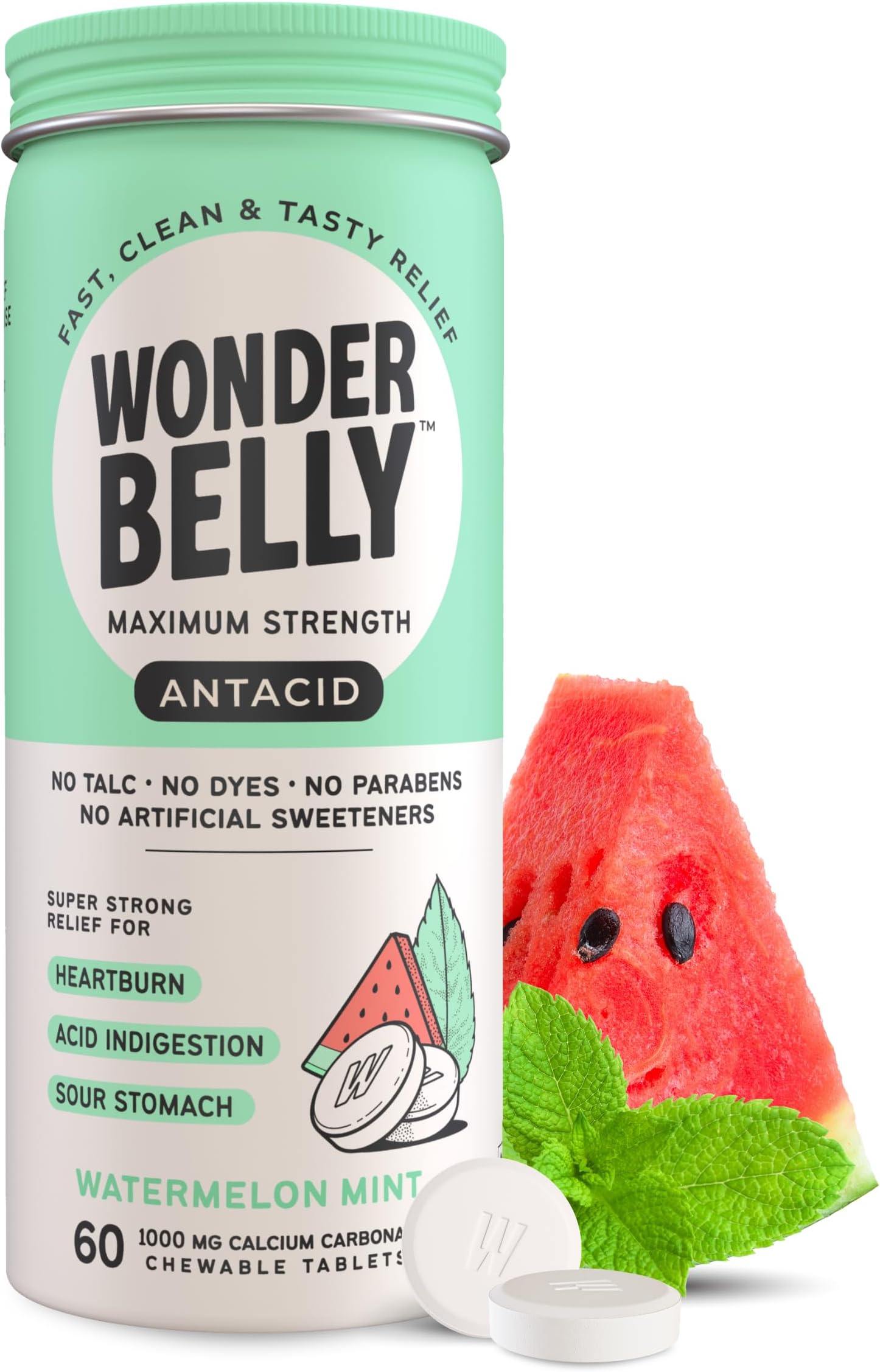 Wonderbelly Antacid, Effective Heartburn and Instant Acid Indigestion Relief, Extra Strength Chewable Tablets, 1000 mg Calcium Carbonate, No Talc or Dye, Watermelon Mint, 60 Count