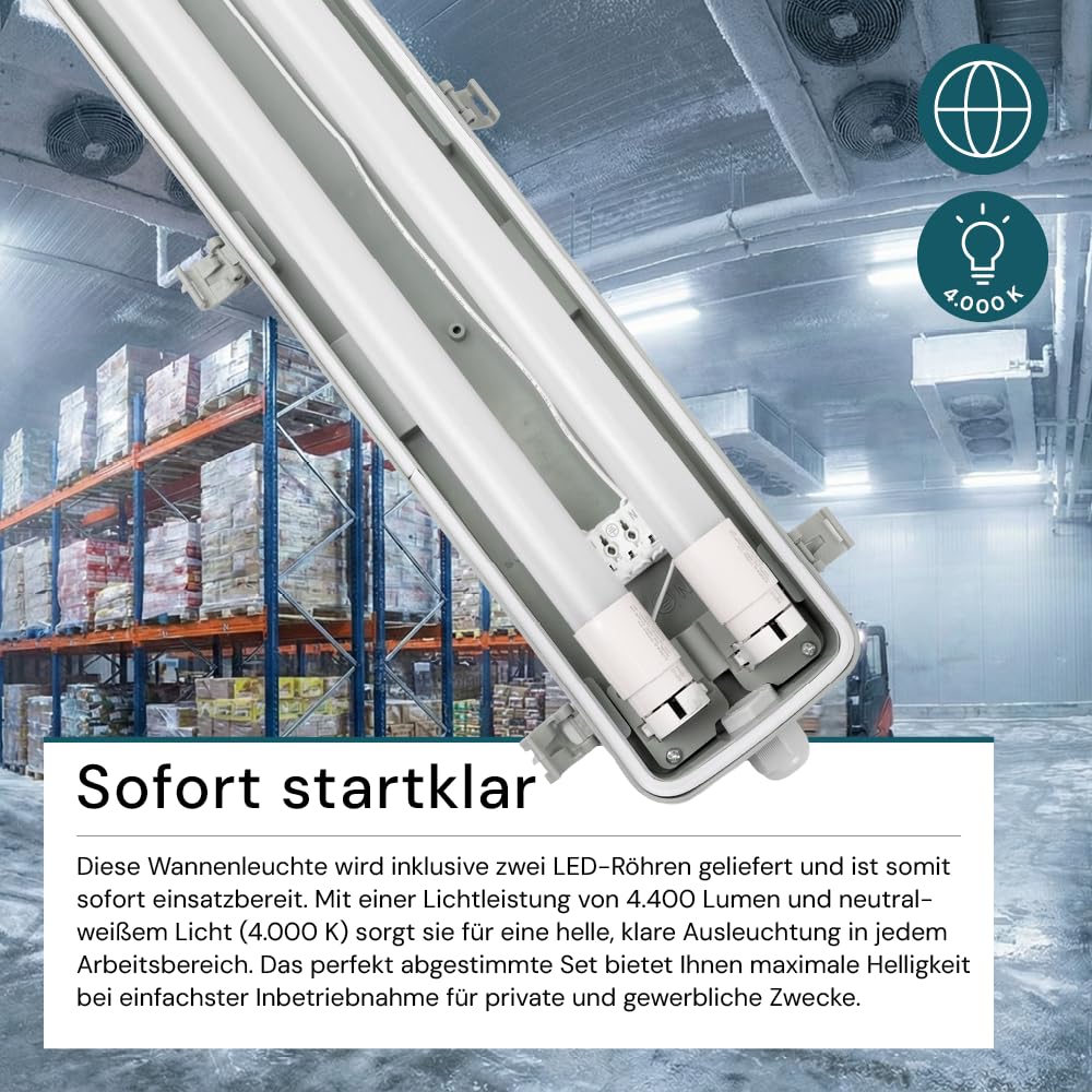 LUXULA LED Wannenleuchte 150cm mit 2x 22W LED Röhren T8 G13 Sockel, 4000K Neutralweiß, 4400lm - IP65 Feuchtraumleuchte für Werkstatt Keller Garage