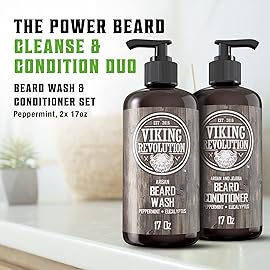 Viking Revolution Beard Wash & Conditioner Set w/Argan & Jojoba Oils - Softens, Smooths & Strengthens Beard Growth - Natural Peppermint and Eucalyptus Scent - Shampoo (17 oz)