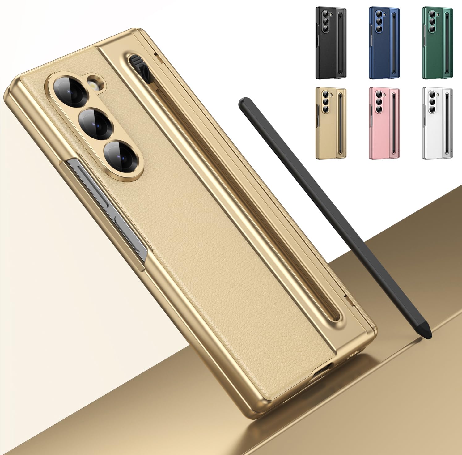Custodia per Galaxy Z Fold 5 con penna stilo e slot per penna, cover protettiva con cerniera, protezione per lo schermo integrata, custodia in pelle per Samsung Galaxy Z Fold5-Oro