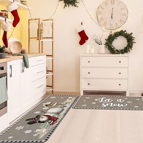 Miniatura 9 de Juego de 2 alfombras de cocina de invierno Let It Snow, tapetes de cocina con copos de nieve, muñeco de nieve para decoración de vacaciones en el