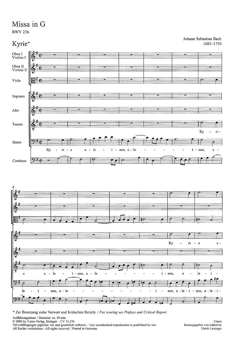 CARUS BACH J.S. - MISSA IN G BWV 236 - SCORE Classical sheets Full score