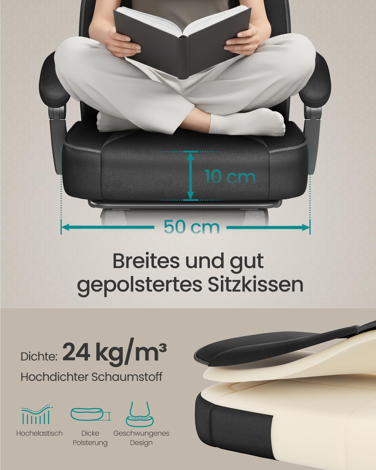SONGMICS Gaming-Stuhl, Bürostuhl mit Fußstütze, Schreibtischstuhl mit Kopfstütze und Lendenkissen, höhenverstellbar, ergonomisch, bis 150 kg belastbar, tintenschwarz-schiefergrau OBG073BH20