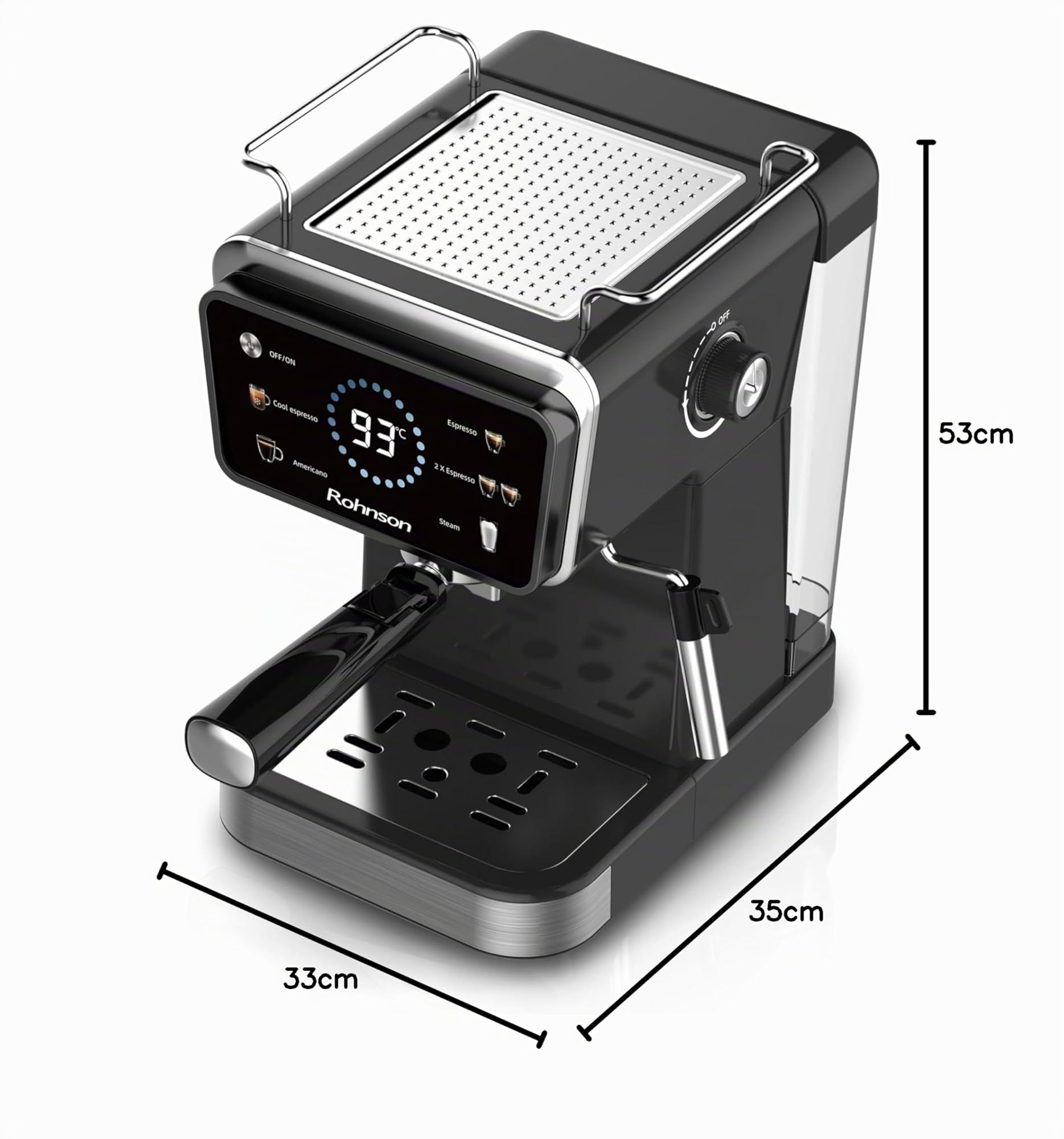 Rohnson Macchina per Espresso Caffè Macinato, Pompa da 20 Bar, Serbatoio Acqua Rimovibile da 1,5 L, 1350W, Tecnologia Caldo e Freddo, Lancia Vapore per Latte, Facile da Pulire, Design Efficiente