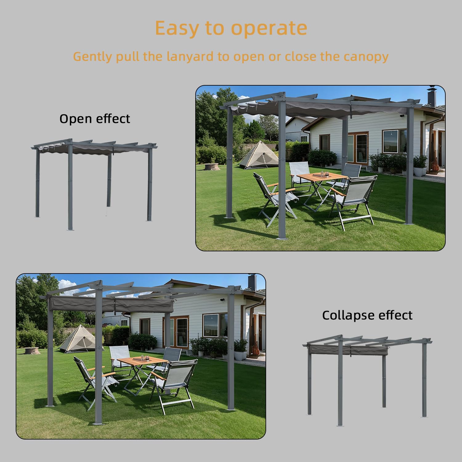 Angel Living Aluminiowa Pergola Ogrodowa, Pawilon z Wysuwanym Dachem, na Zewnątrz, na Patio (Szary, 3 x 3)
