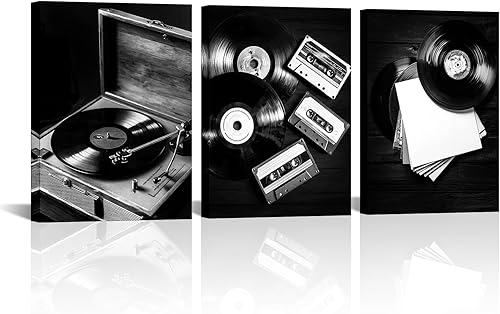 Canvbay 3 Pieces Black and White Music Vinyl Record Canvas Wall Art Retro Record Player Cassette Picture Print for Home Studio Office Decor
