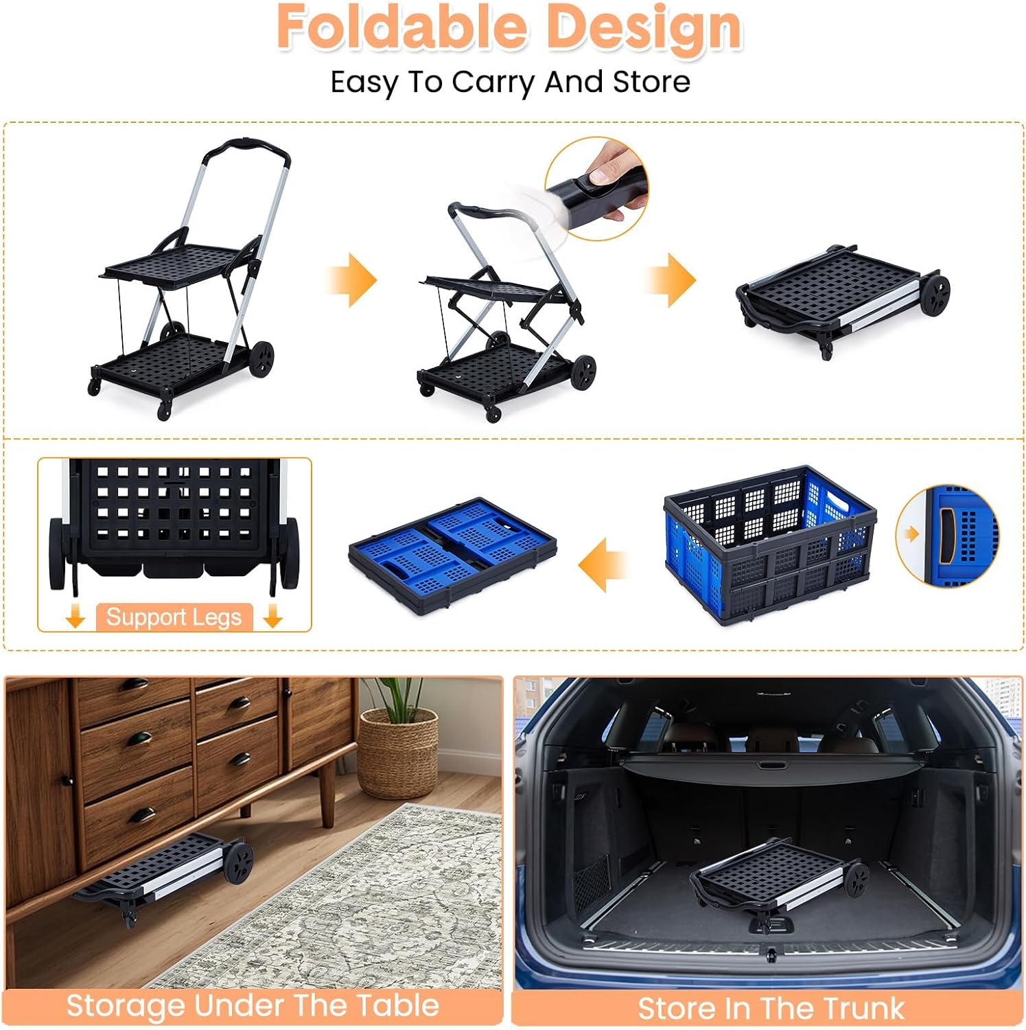 Foldable Shopping Cart with 1 Storage Crate, 2-Tier Collapsible Aluminum Utility Cart with 360° Swivel Wheels & Removable Baskets, Rolling Grocery Cart for Home, Apartment, Travel