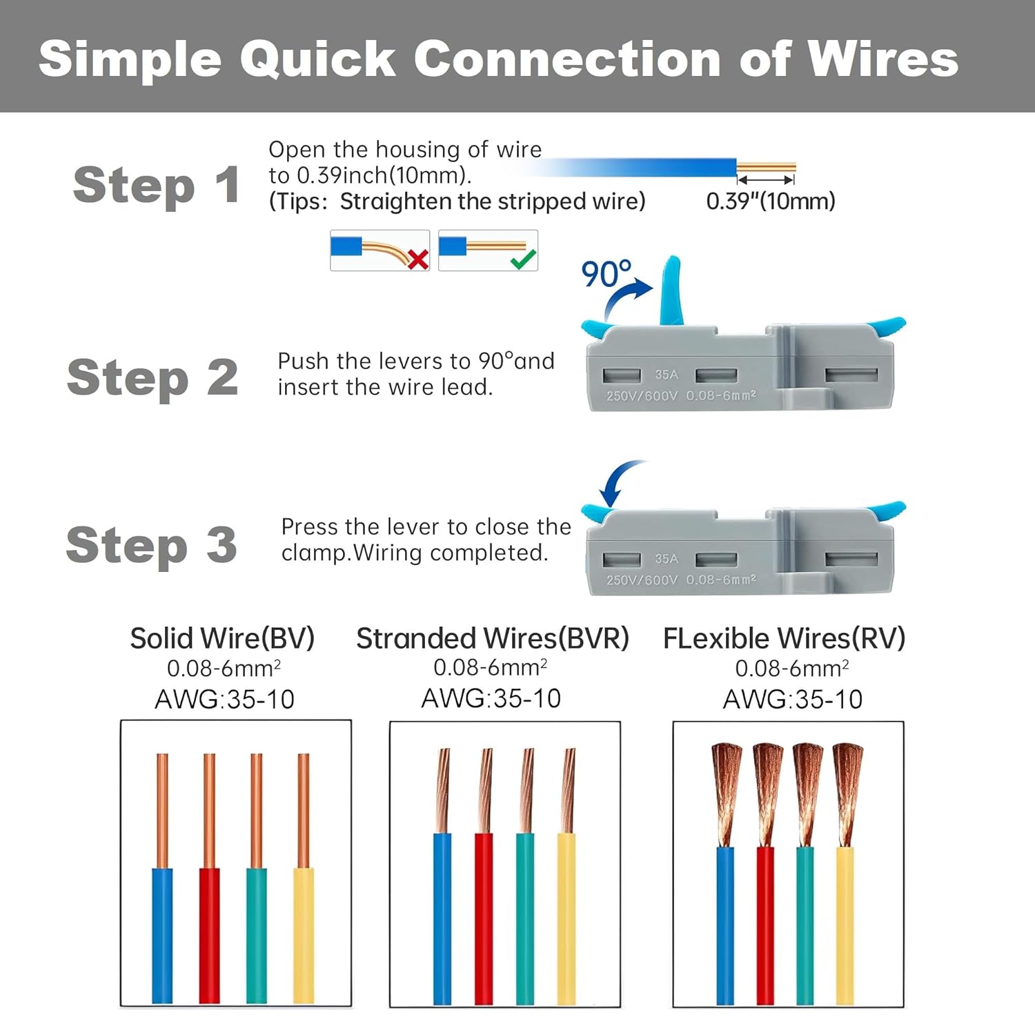 3 in 9 Out Quick Lever Push-in Electrical Wire Terminal Block, 10 PCS Wire Connector Splitter Distribution for Surface Wiring & Circuit Inline (0.08-6mm² Wire, 35-10 AWG, 250V, 35A)
