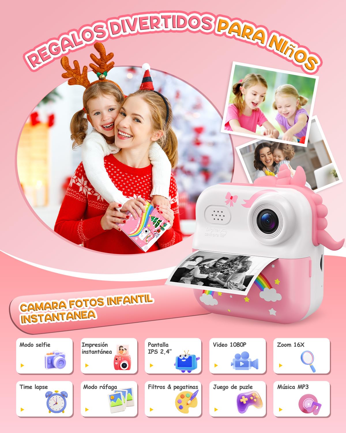 ElecMoga Camara Fotos Infantil Instantanea, 2.4'' HD 1080P Camara Digital para Niños con Tarjeta 32 GB y Papel Fotográfico, Zoom 16x Cámara Instantánea Color, Regalos Juguete para Niños de 3 a 12 Años