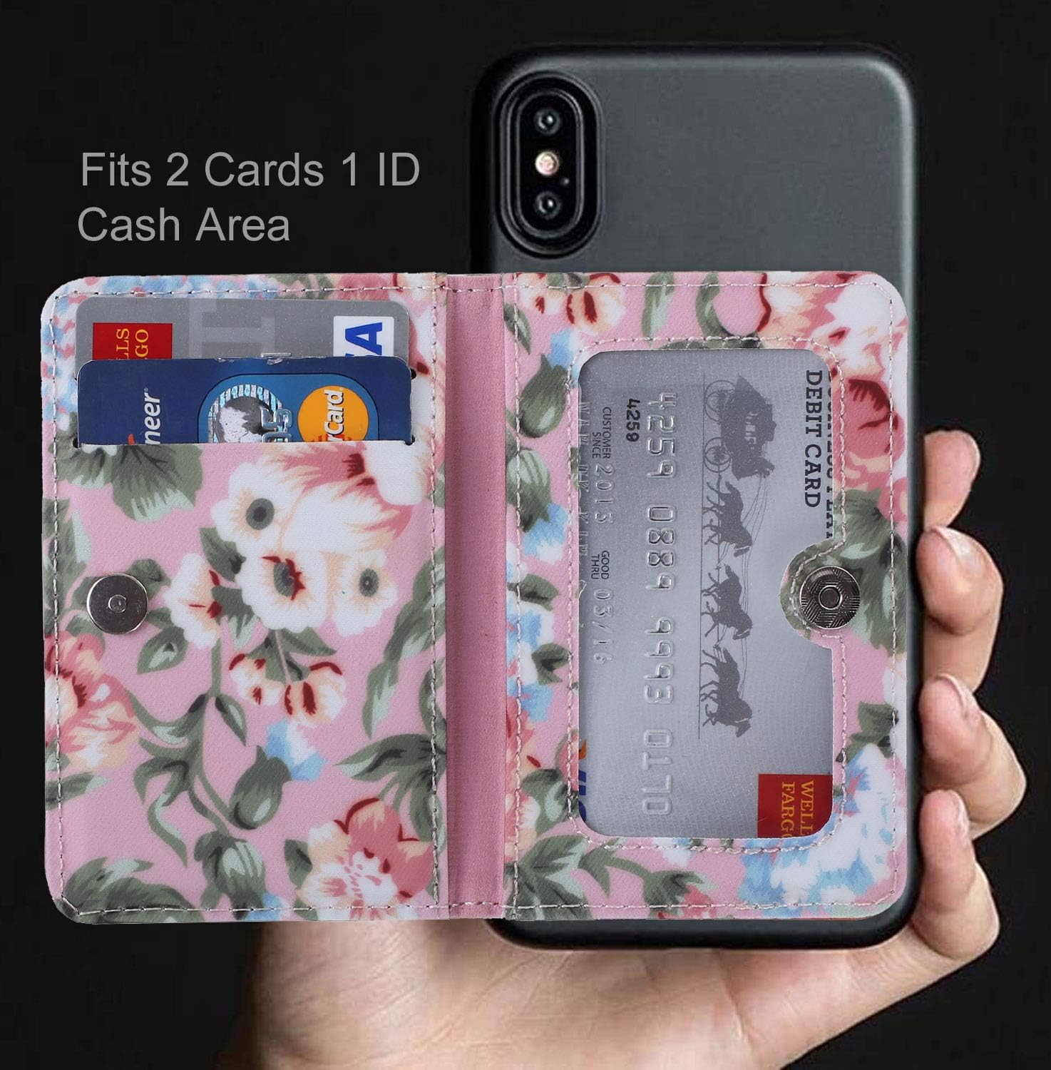 ID Card Holder for Back of Phone Leather Phone Wallet Stick On with Stand Flip Waterproof Leather Adhesive Wallet for Most Cellphones (Pink Floral) image 3