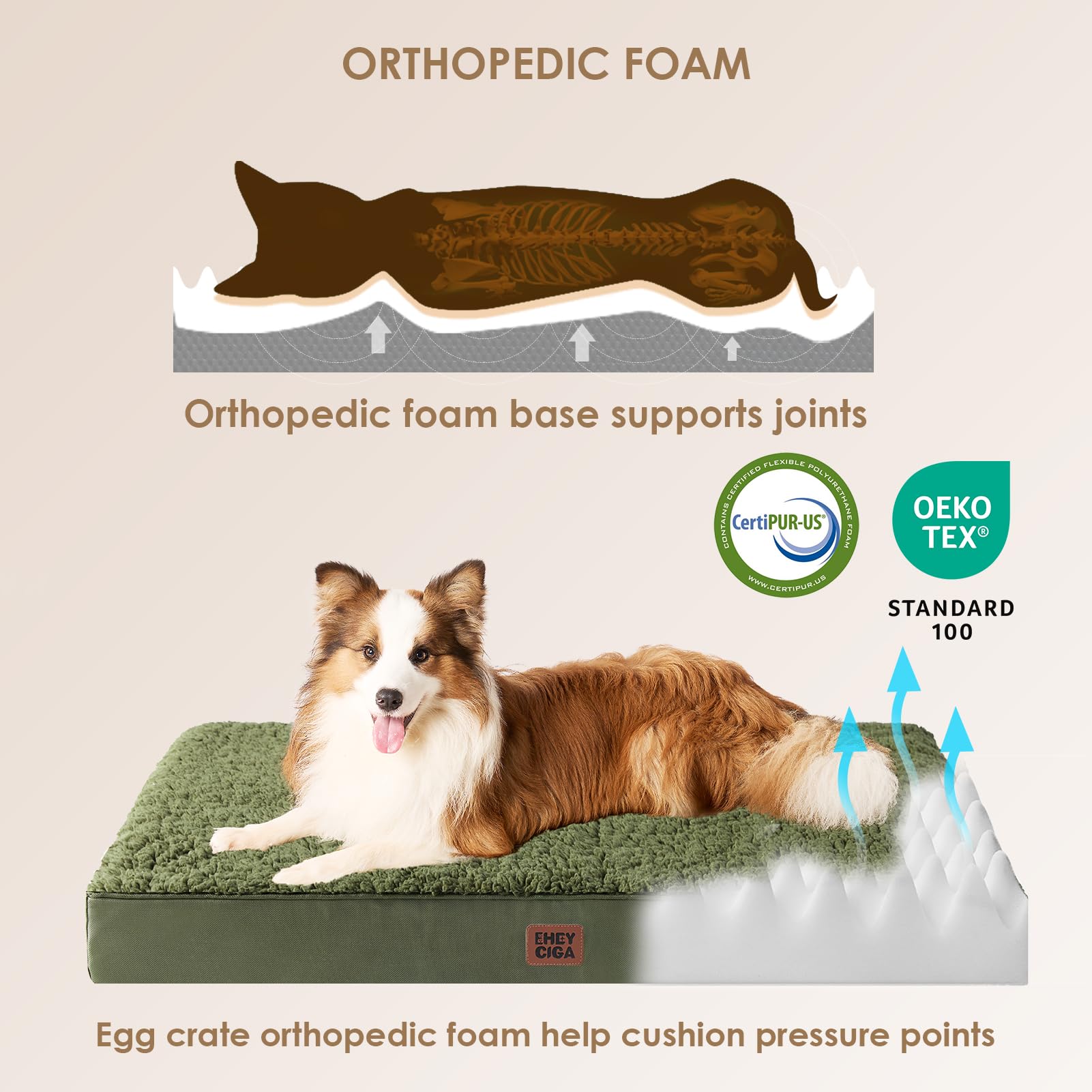 EHEYCIGA Cuccia Cane Interno Taglia Media, (89L x 58W cm) Ortopedica Cuscino per Cani, Cuscino Cane Sfoderabile e Lavabile, Ortopedico Lettino per Cani, Orthopedic Dog Bed, Verde Scuro