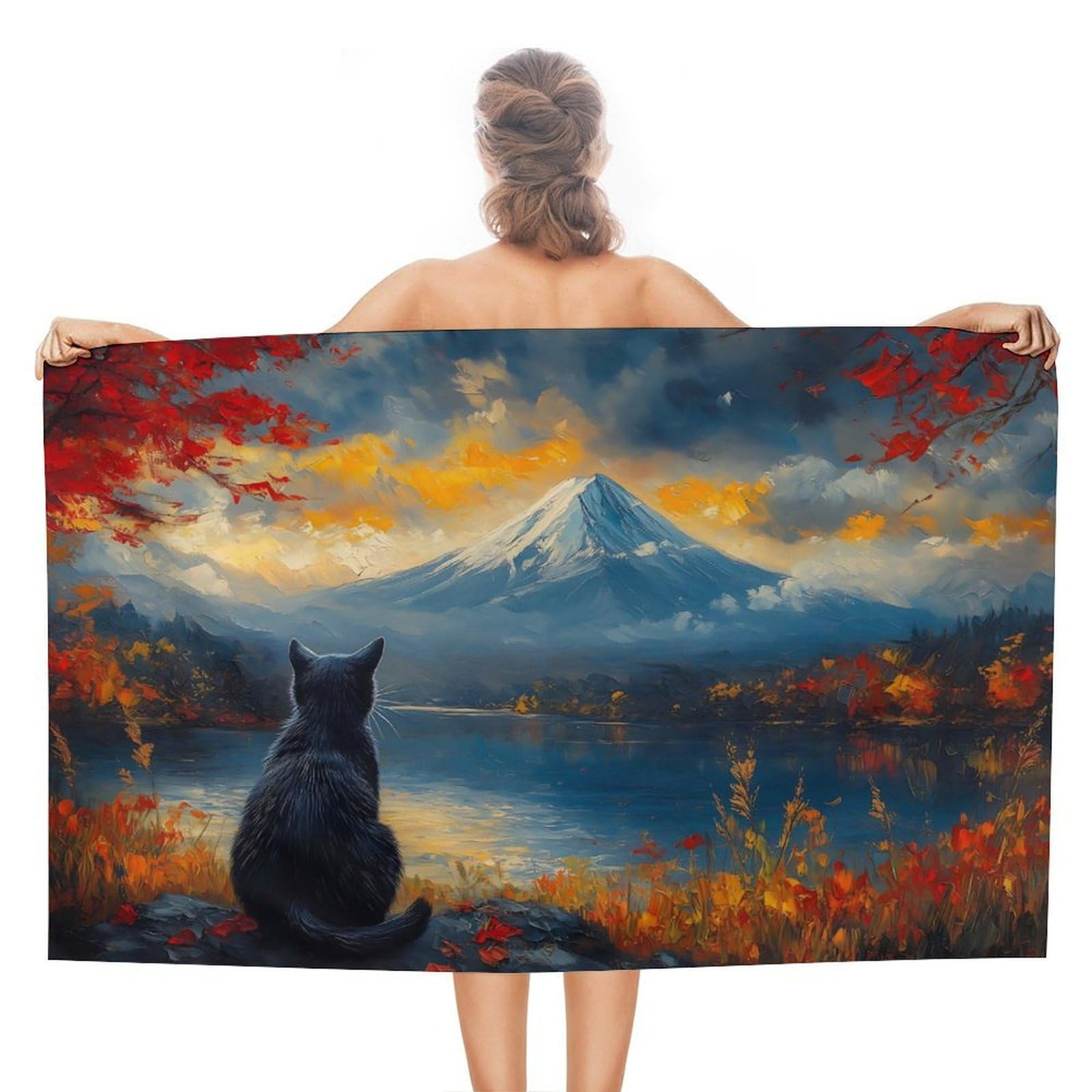 Serviette de plage microfibre anti-sable chat noir pour musculation et cardio