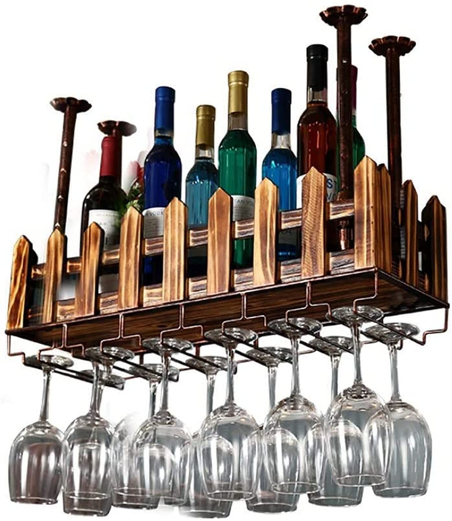 Casier à vin en bois massif 60x20cm avec porte-verre suspendu