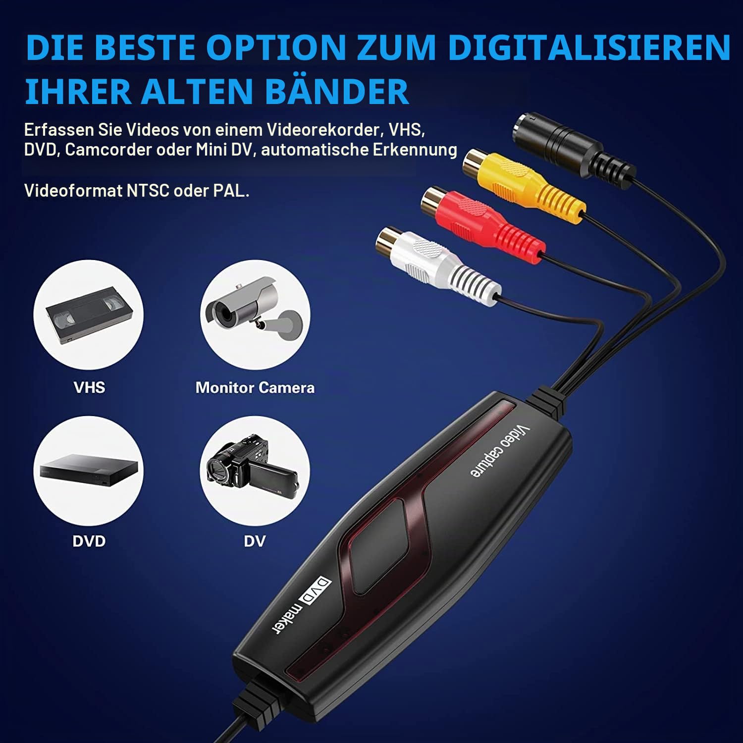 DIGITNOW! Video Grabber Überträgt Hi8 VHS auf Digital DVD für Windows 10 / Mac, Video Capture Karte mit Scart / AV Adapter,One-Touch-Videorecorder-Bearbeiten, Speichern und auf DVD Brennen