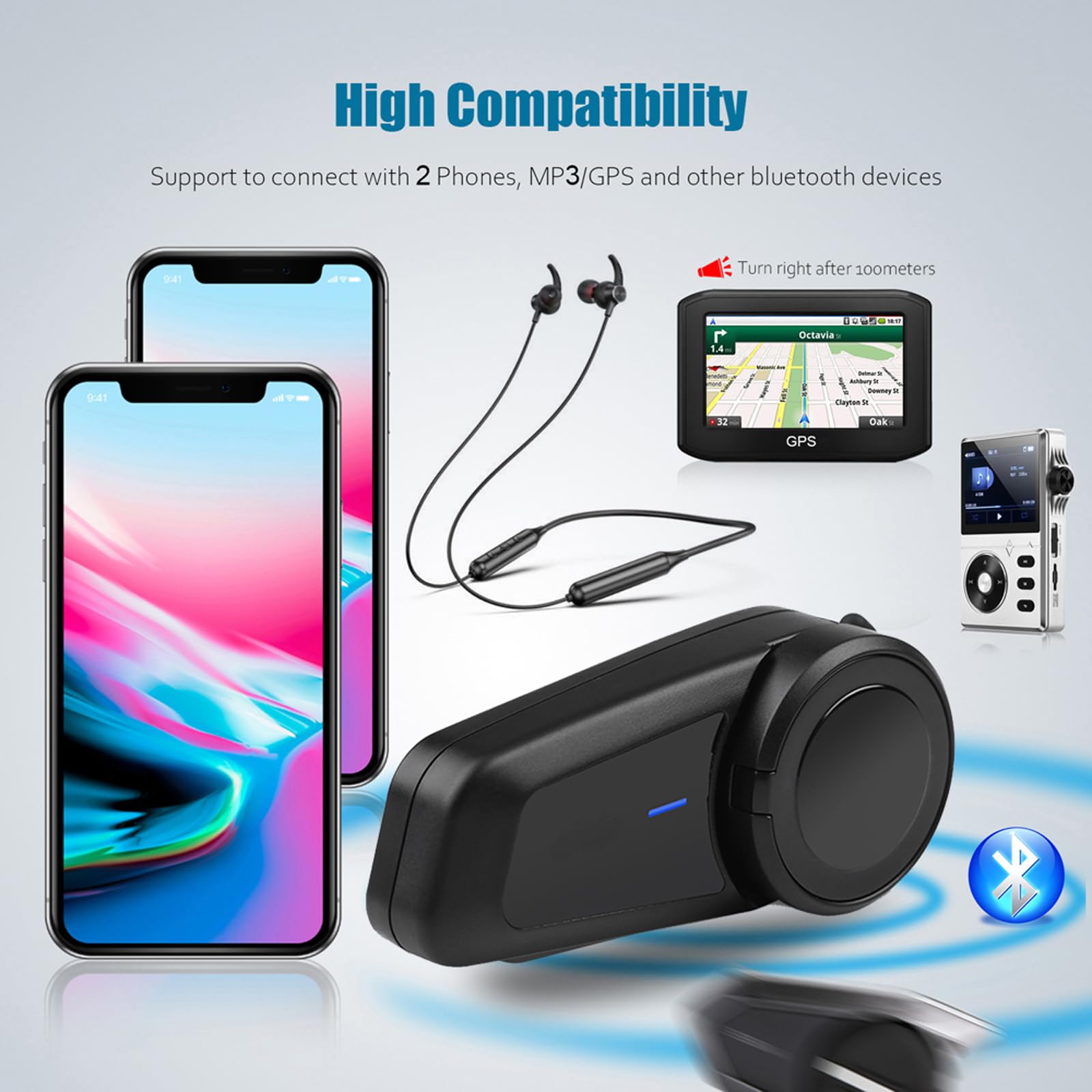 QSPORTPEAK M2 Intercomunicador Casco Moto, Sistemas de Comunicación Bluetooth para Motocicletas para 6 Jinetes/Rango 1000m, Bluetooth 5.1/CVC & ENC Cancelación de Ruido,Compartir música,2 Pieza