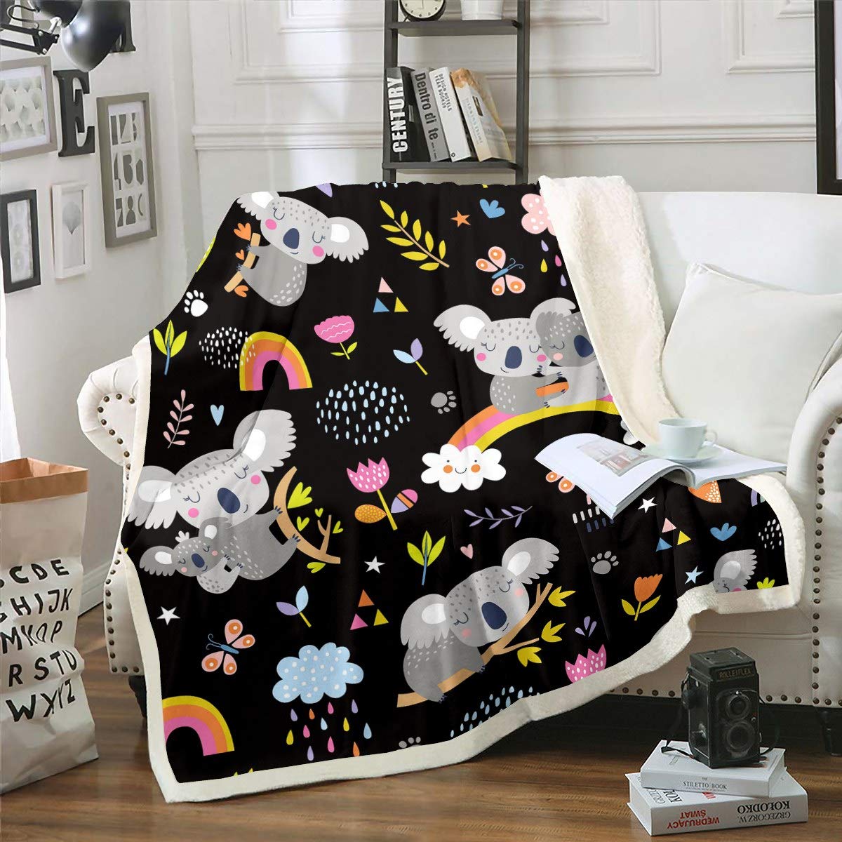 Loussiesd Kids Koala Fleece Blanket Cute Animal Pattern Sherpa Blanket for Couch Sofa Cartoon Rainbow Butterfly Plush Throw Blanket Floral Flowers Fuzzy Blanket Room Decor Single 50"x60"
