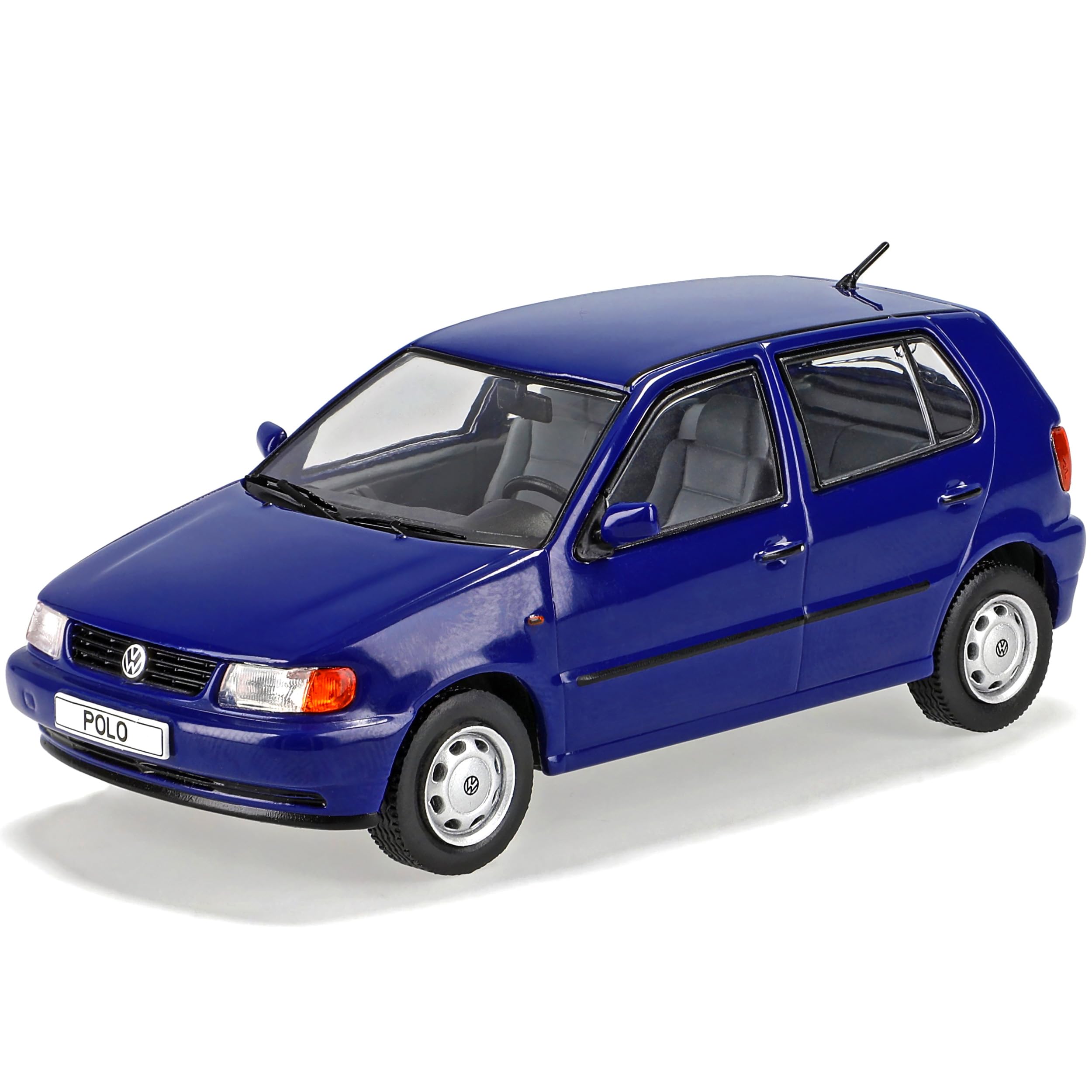 V*W Polo MKIII 6N Blau 5Türer 3. Generation 1994-2001 mit Sockel und Vitrine 1/43 Modell Auto